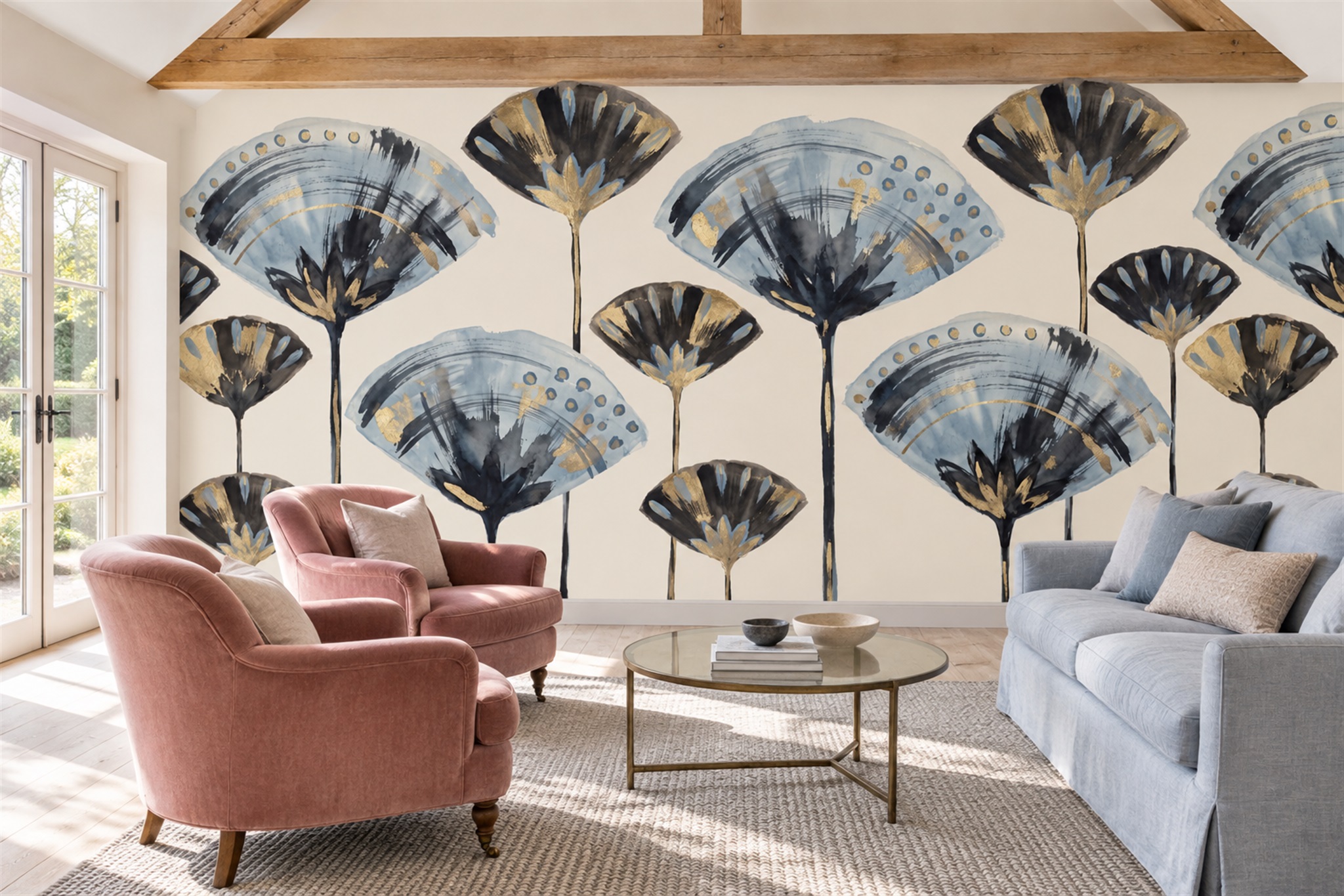 Navy, Blue And Gold Fan Flower Wallpaper Mural — Wallpaper Mural Design, Peel-and-stick Finish
