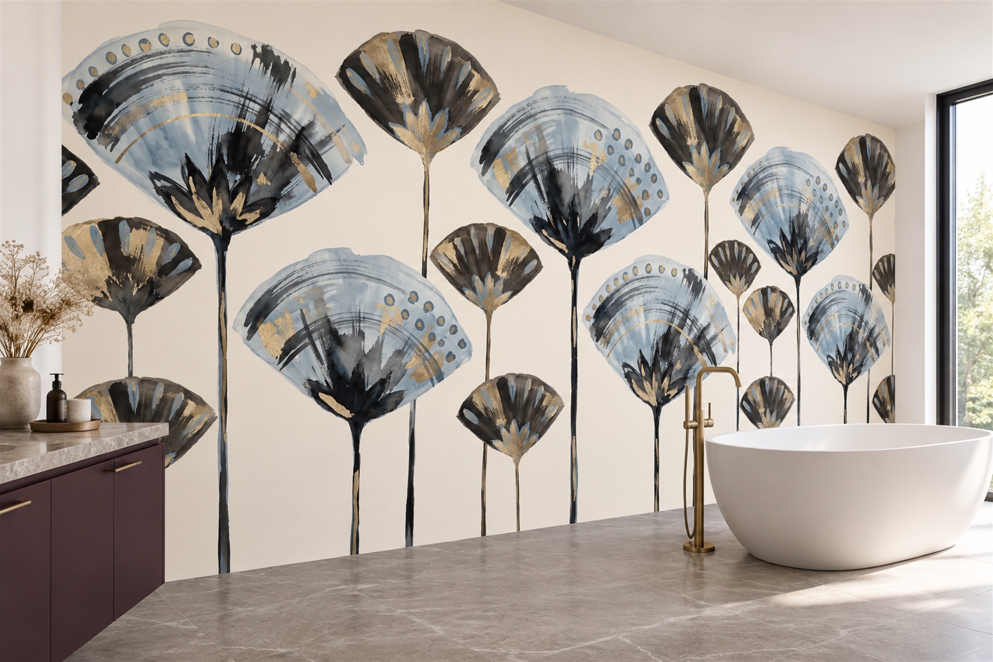 Navy Pattern Decorative Organic Wallpaper Mural Bathroom-wallpaper-murals, Peel-and-stick Finish