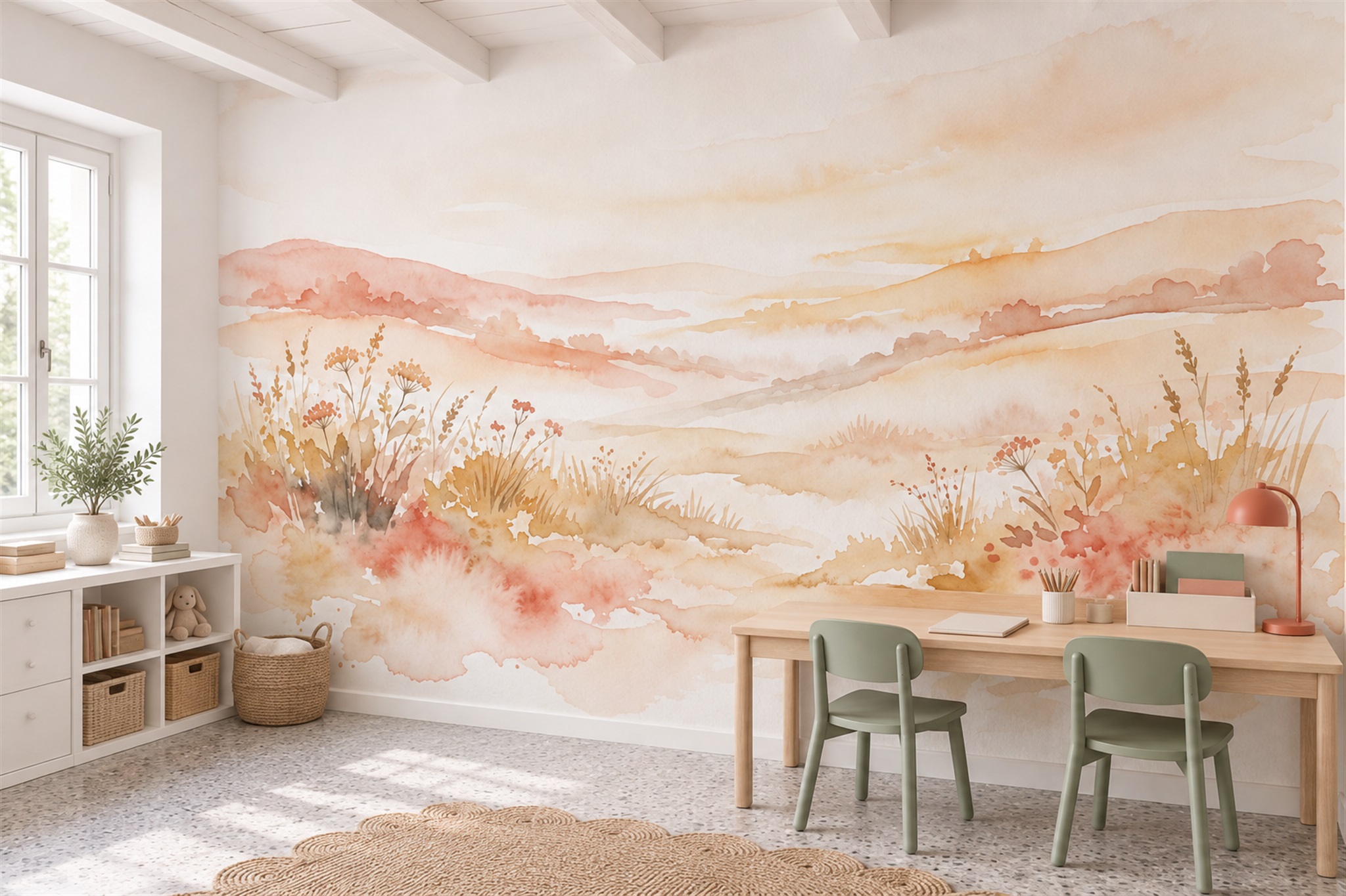 Peach Meadow Scenic Wallpaper Mural Office-wallpaper-murals, Shown In A Home Office, Peel-and-stick Finish