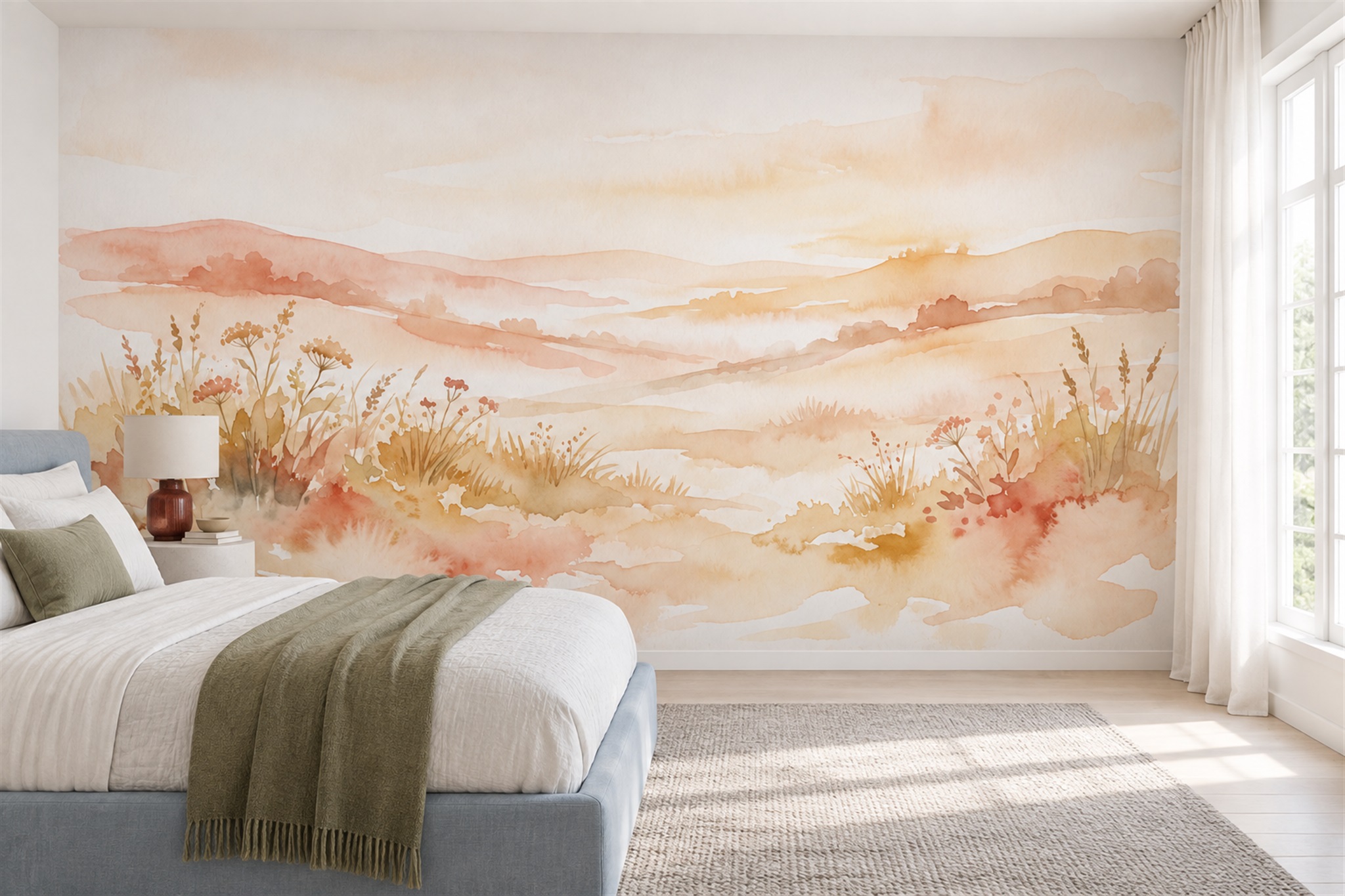 Peach Meadow Scenic Wallpaper Mural Office-wallpaper-murals, Shown In A Home Office, Peel-and-stick Finish