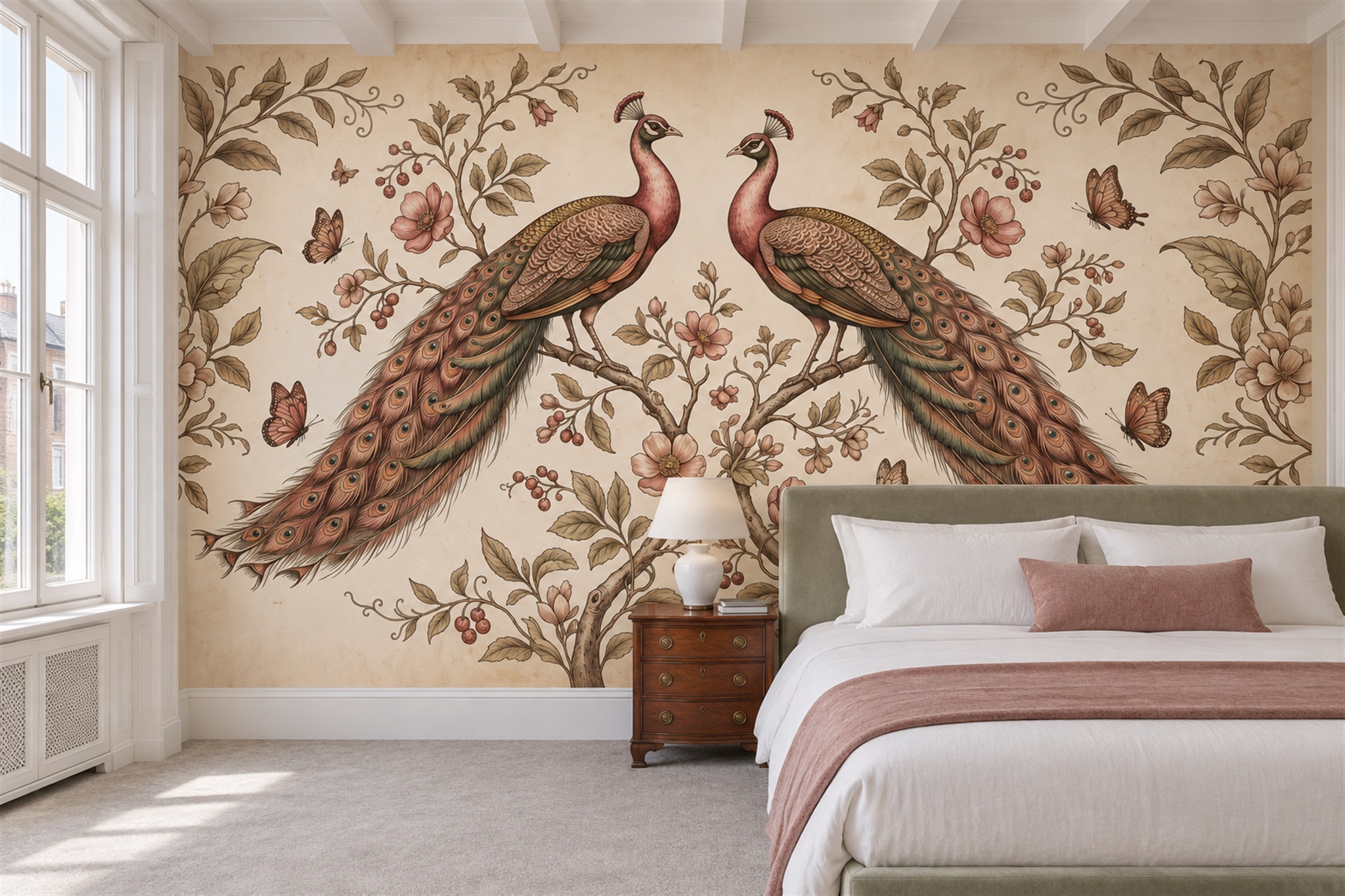Rust Peacock Illustrated Wallpaper Mural Bedroom-wallpaper-murals, Peel-and-stick Finish
