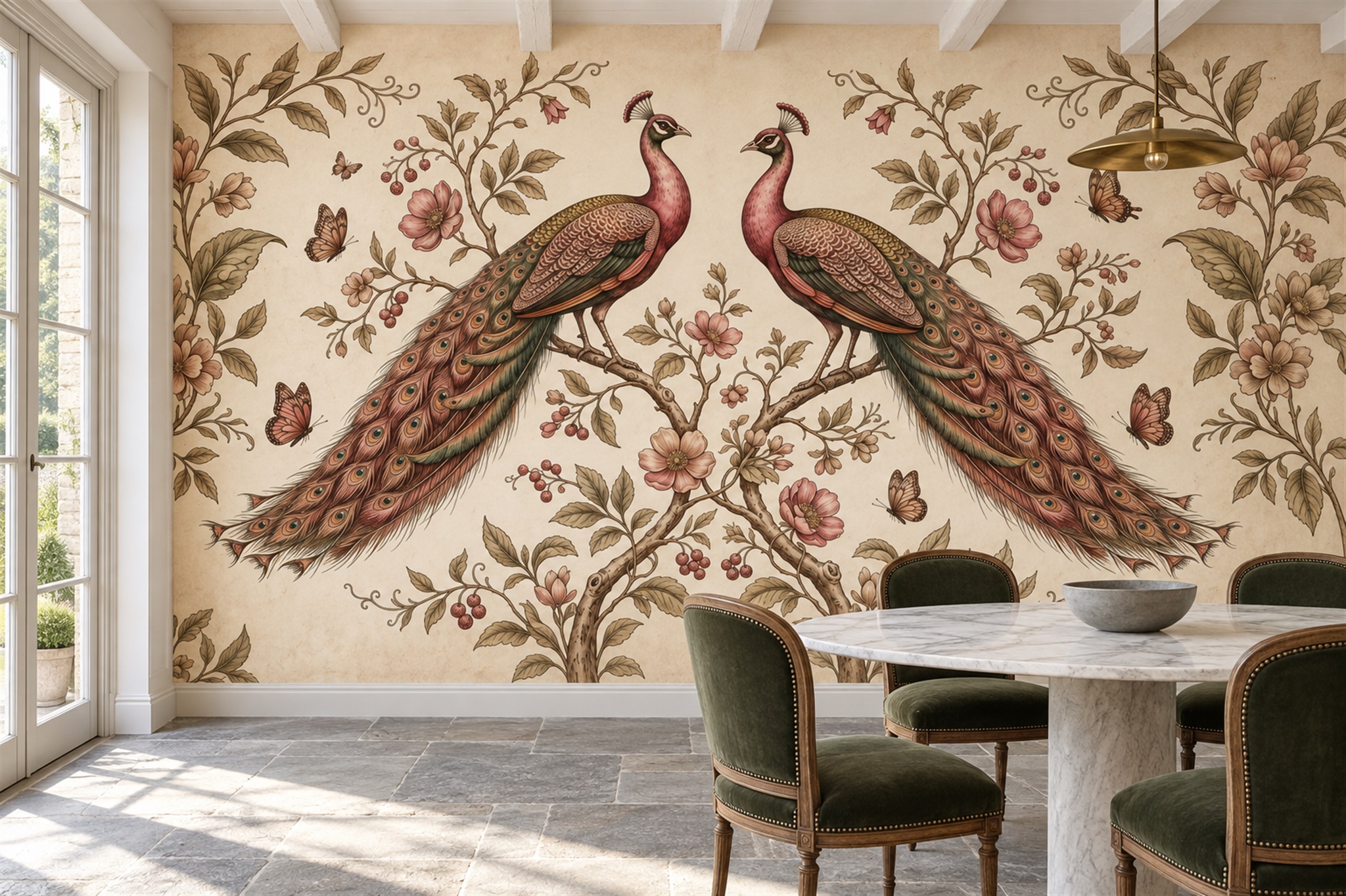 Pair Of Rust-coloured Peacocks And Blossom Branches Wallpaper Mural — Wallpaper Mural Design, Peel-and-stick Finish