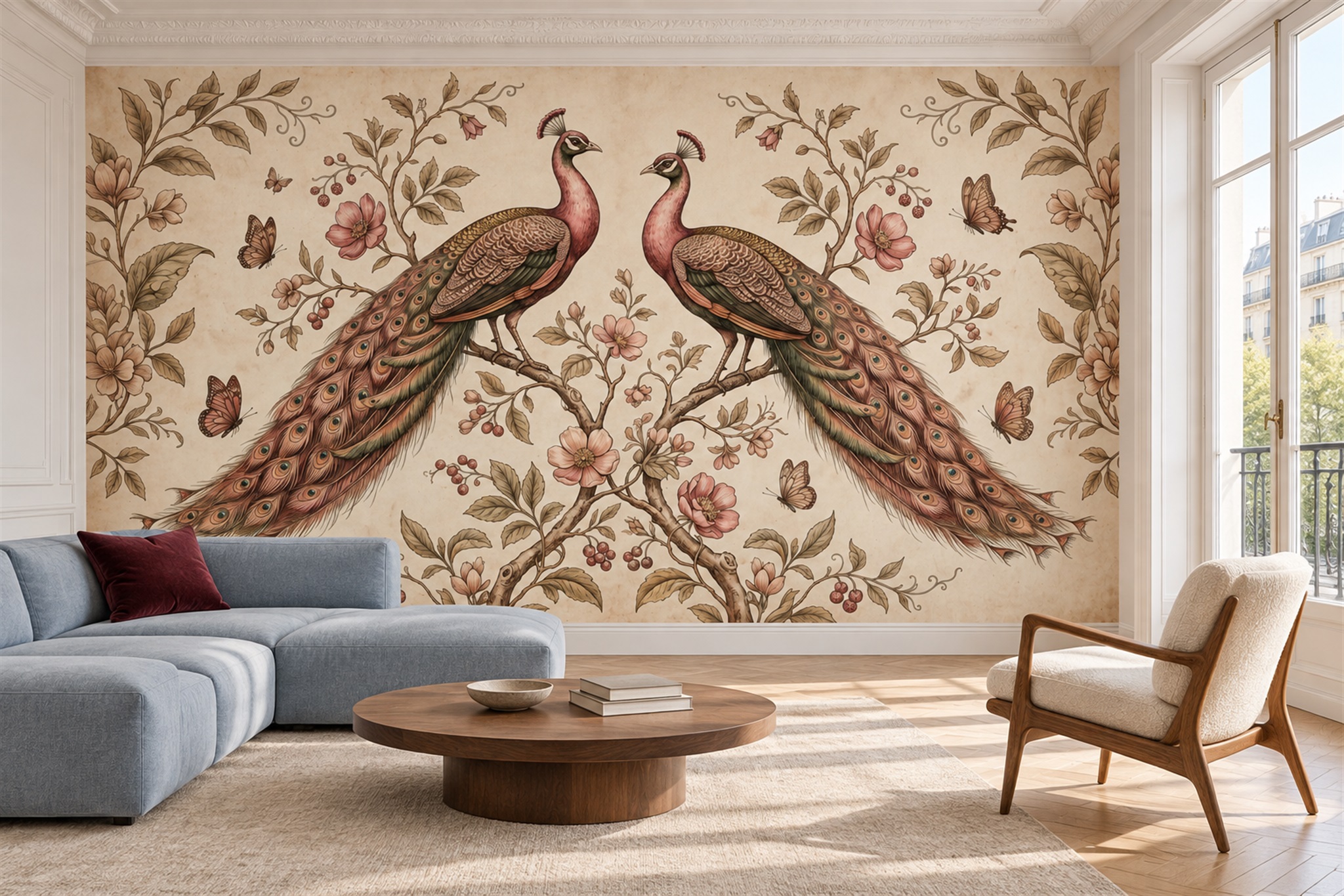 Rust Peacock Illustrated Wallpaper Mural Accent-wall-wallpaper-murals, Peel-and-stick Finish