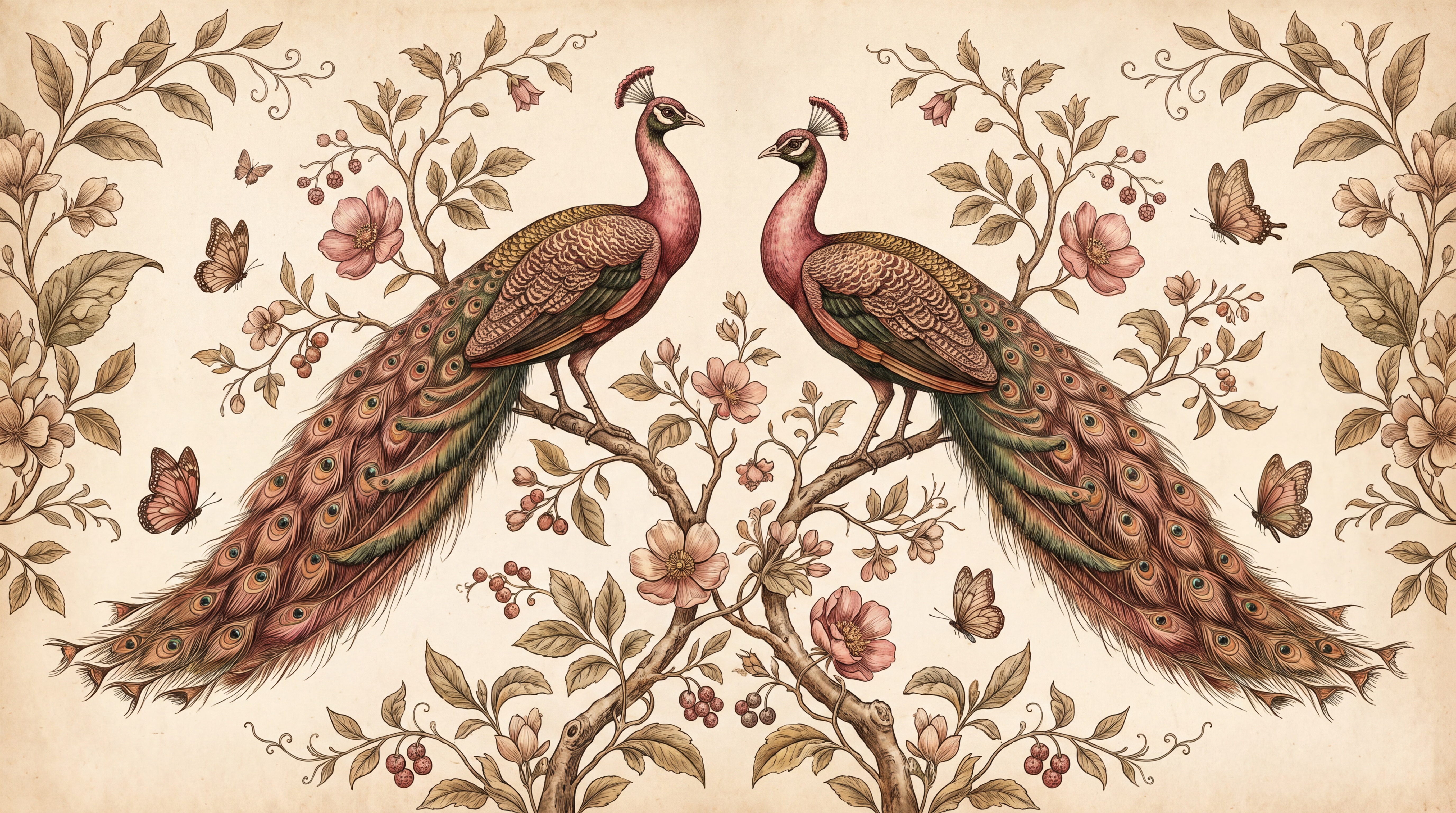 Rust Peacock Illustrated Wallpaper Mural Dining-room-wallpaper-murals, Peel-and-stick Finish