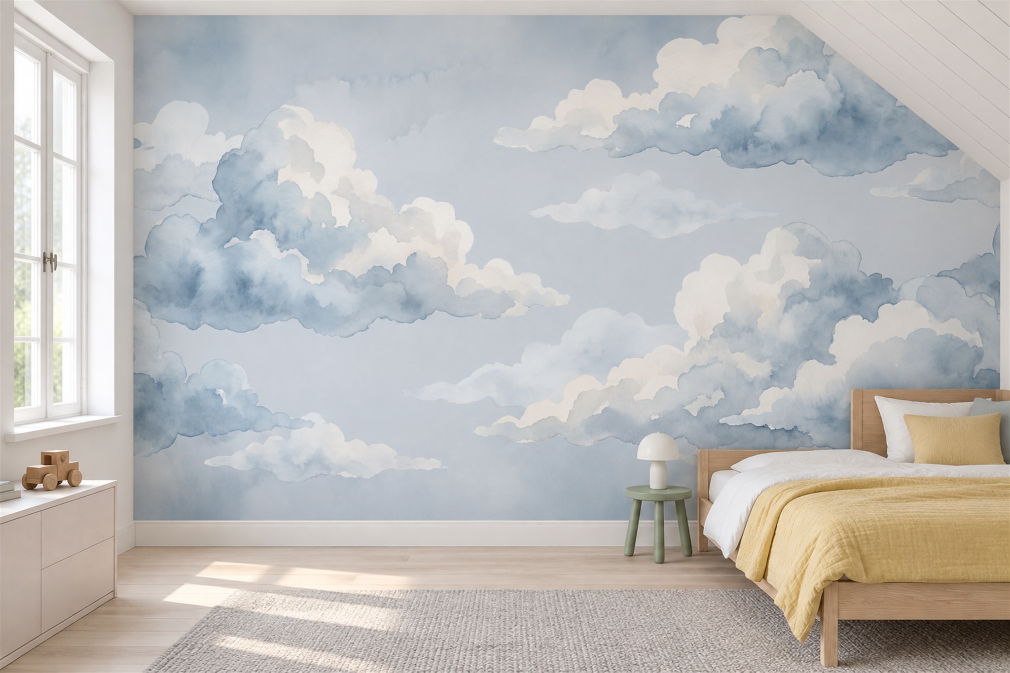 Blue Clouds Artful Abstract Wallpaper Mural, Peel-and-stick Finish