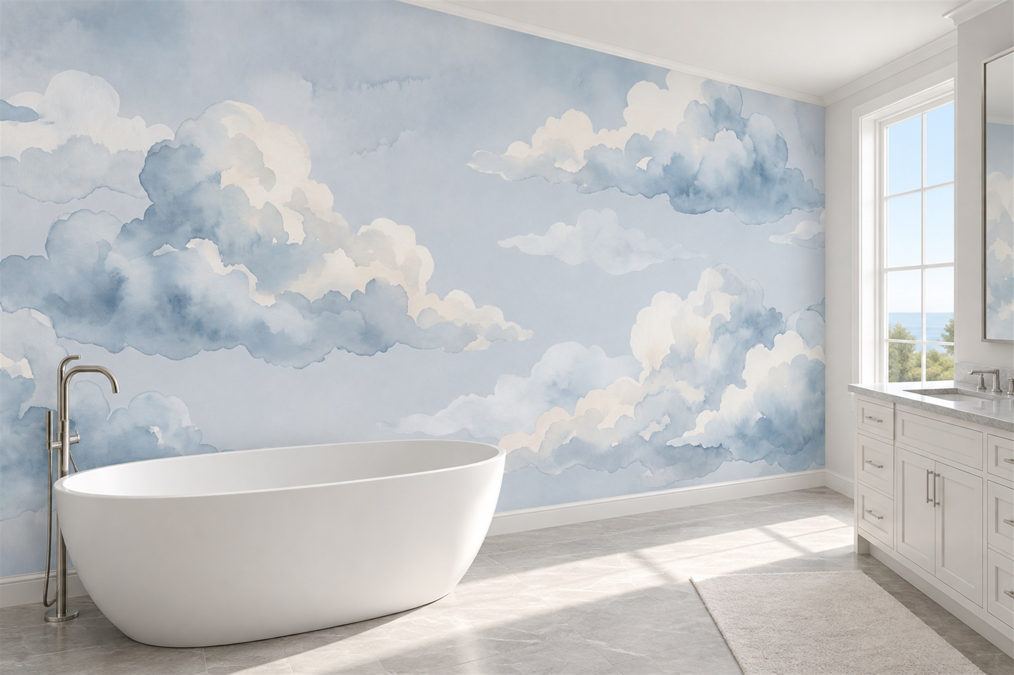 Blue Clouds Artful Abstract Wallpaper Mural Office-wallpaper-murals, Shown In A Home Office, Peel-and-stick Finish