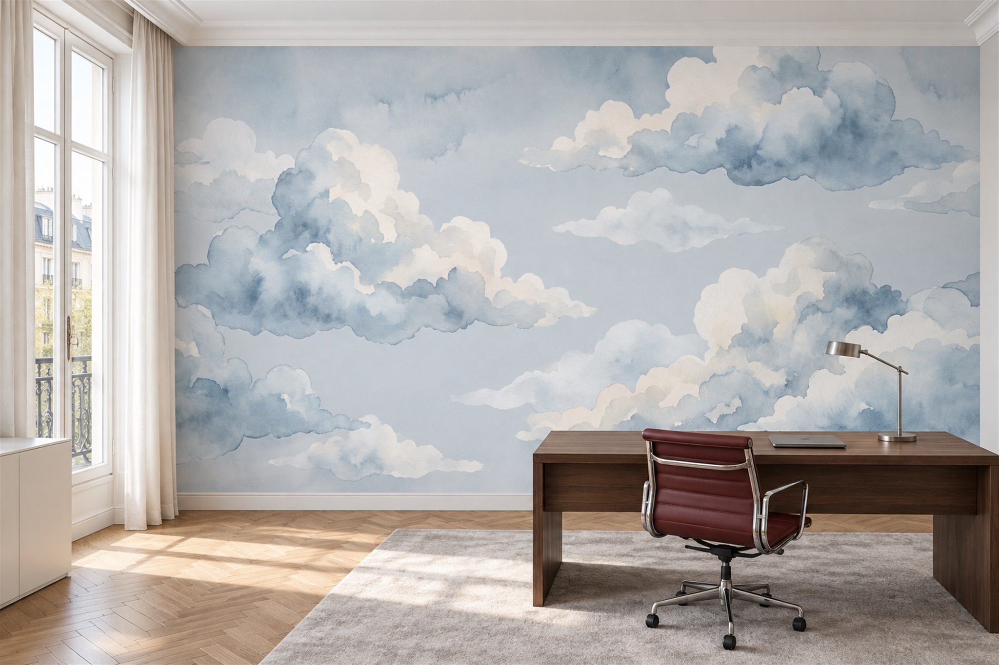 Blue Clouds Artful Abstract Wallpaper Mural Office-wallpaper-murals, Shown In A Home Office, Peel-and-stick Finish