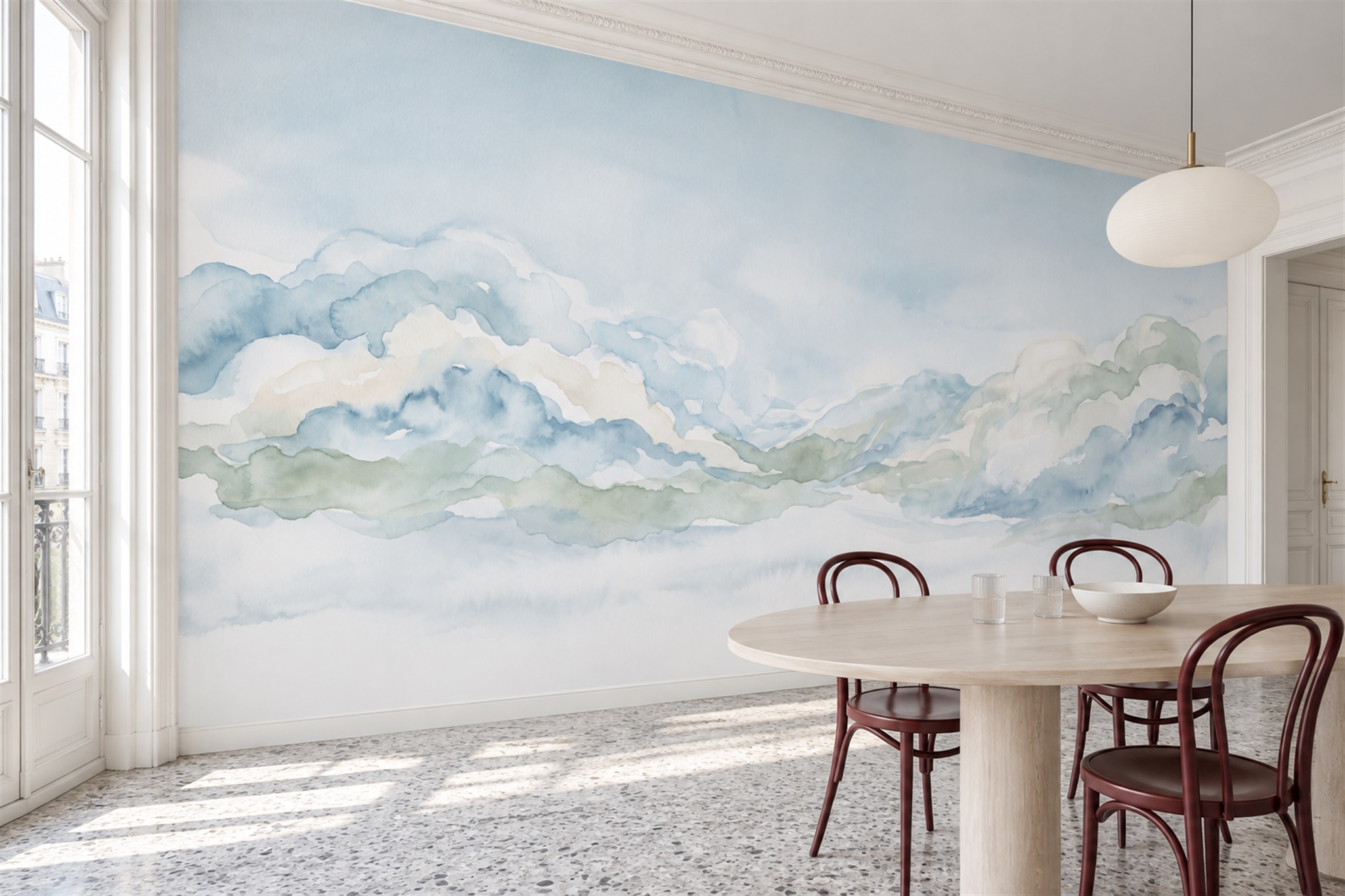Blue Hills Scenic Decorative Wallpaper Mural Dining-room-wallpaper-murals, Shown In A Dining Room, Peel-and-stick Finish