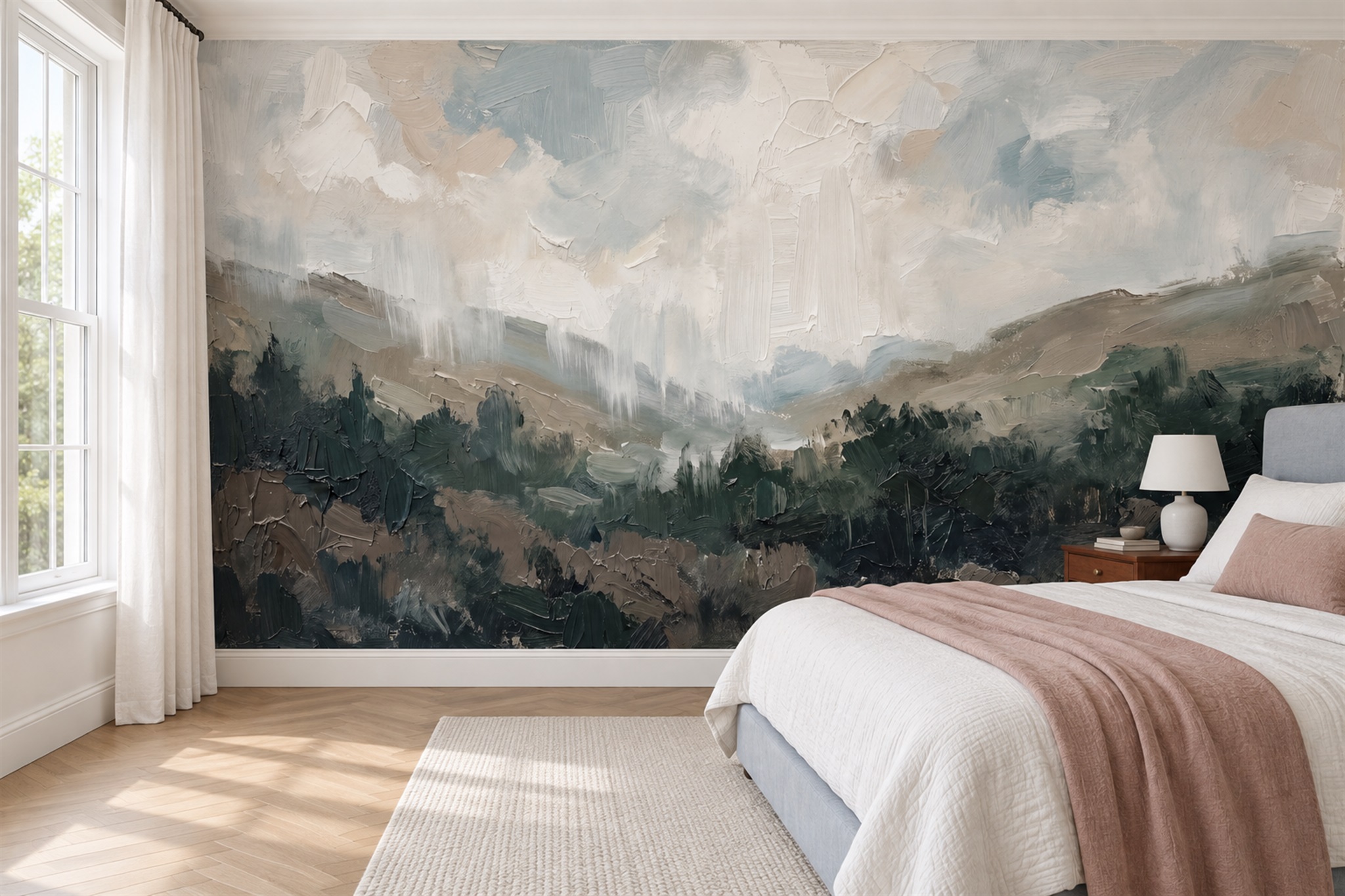 Grey Impasto Valley Landscape Wallpaper Mural — Installed Wallpaper Mural In A Bedroom, Peel-and-stick Finish