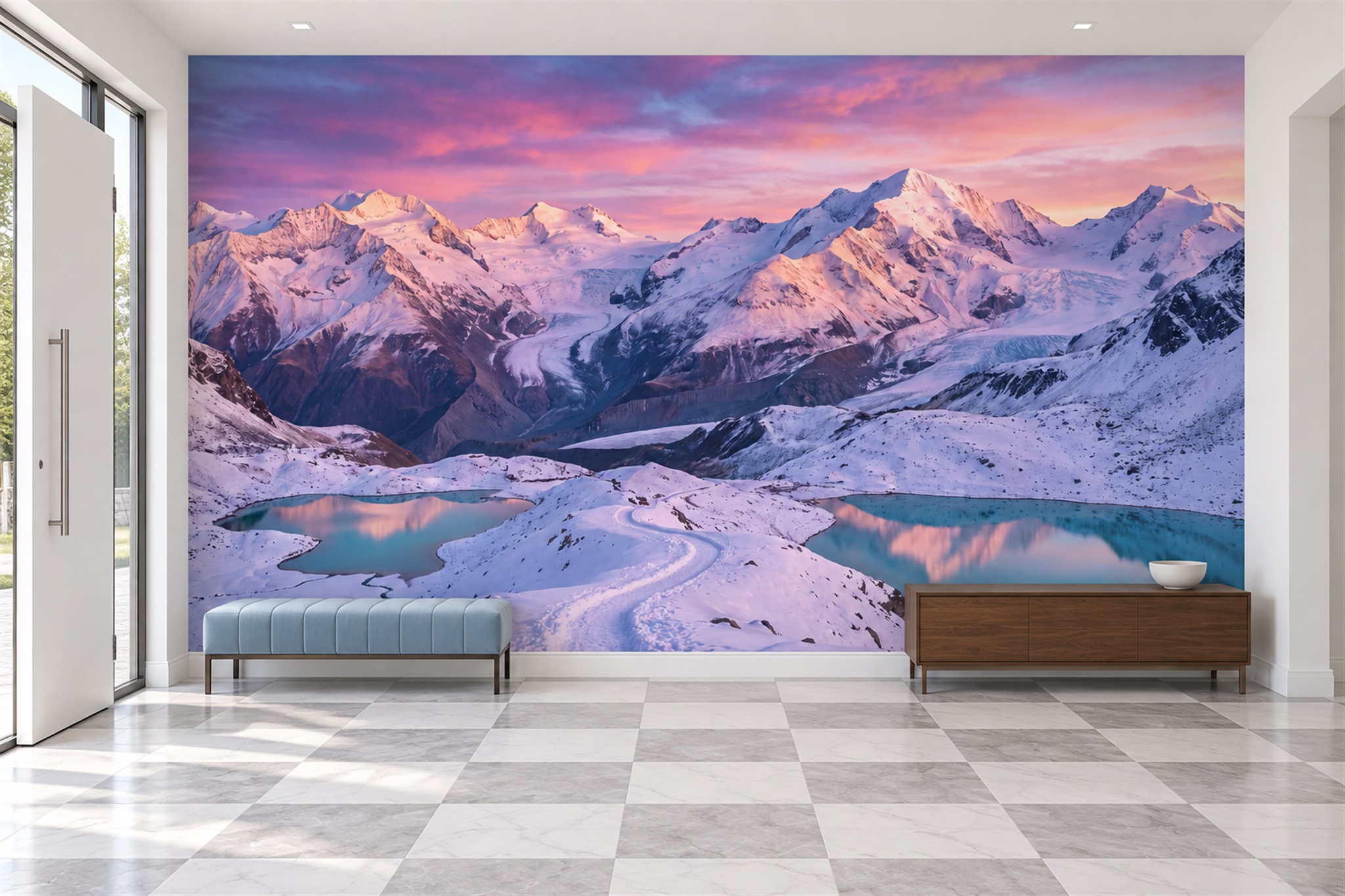 Wide entryway with snowy mountains, turquoise lakes and a pink-violet sky mural