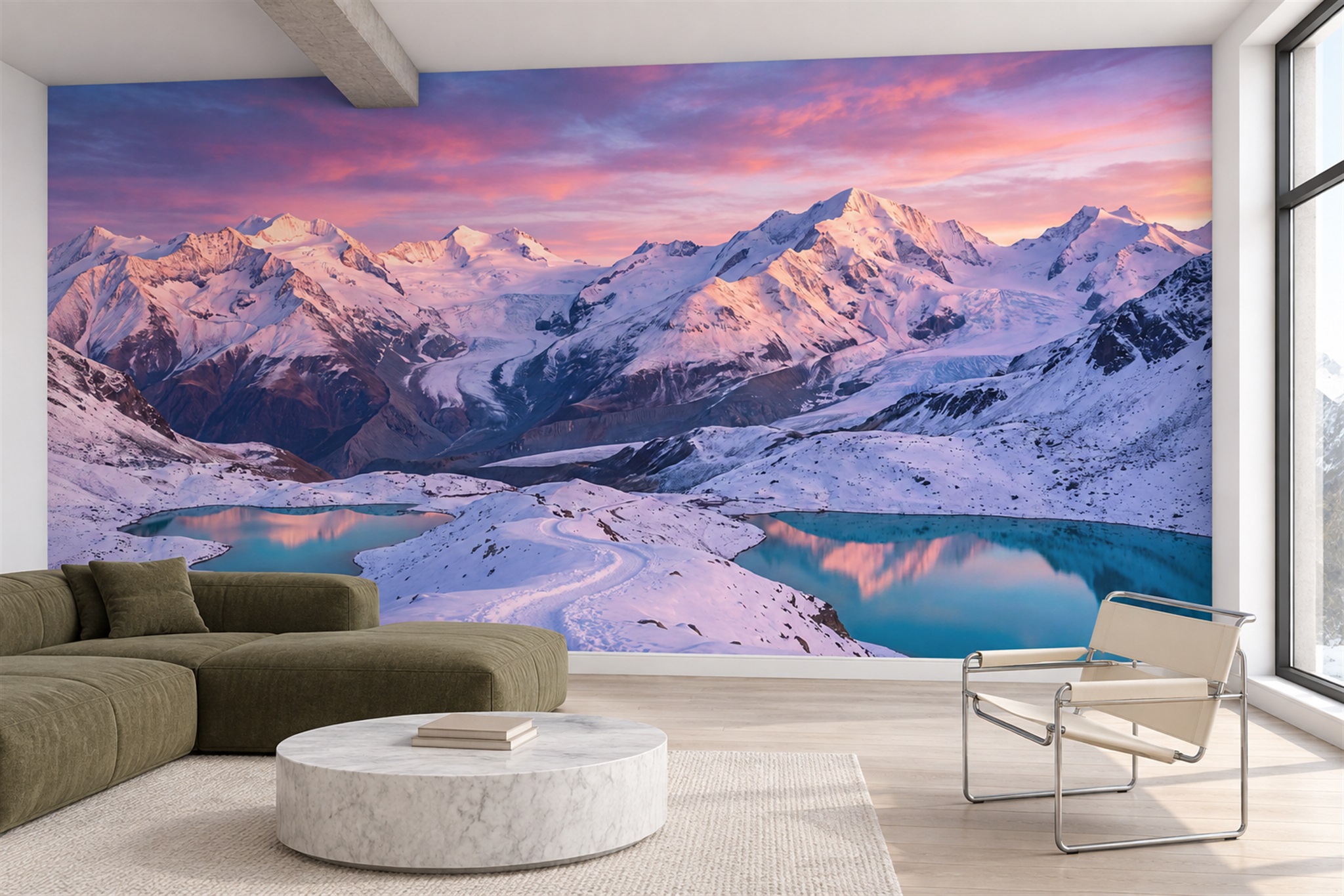 Pink Sunset Over Snowy Mountains And Alpine Lakes Wallpaper Mural — Wallpaper Mural Design, Peel-and-stick Finish
