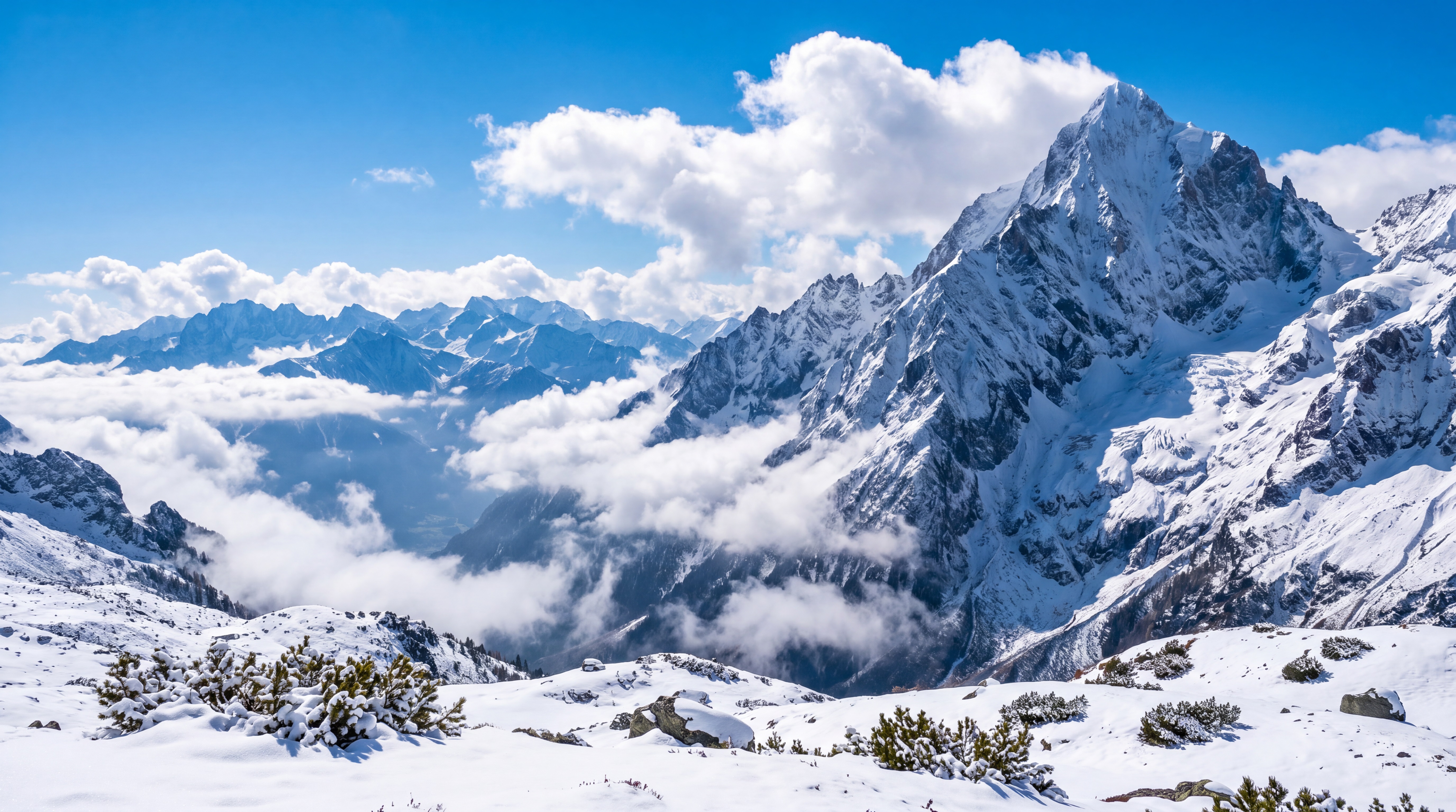 Wide alpine mural source image with a distinct mountain peak that should not be blindly repeated