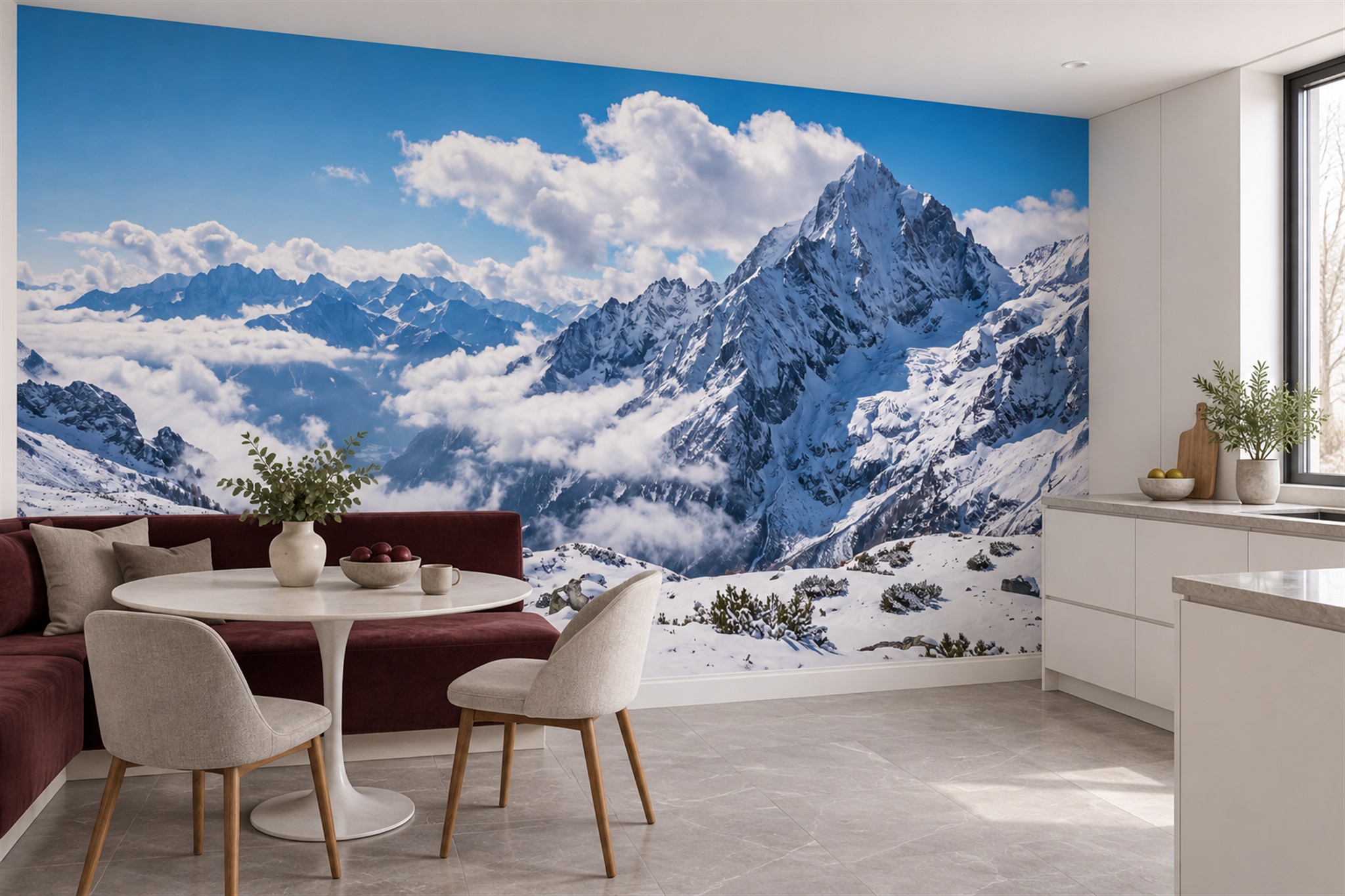 Mountain mural shown behind dining furniture