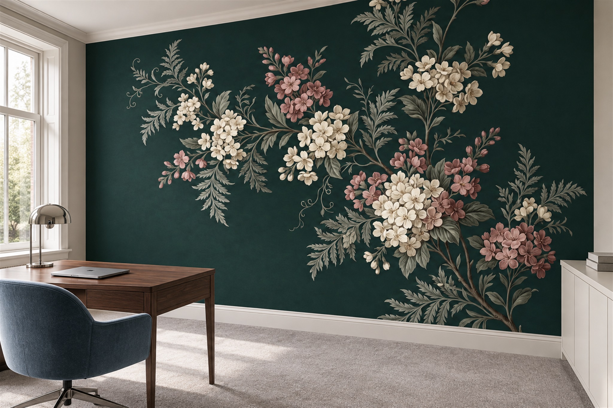 Pink And Ivory Blossoms On Deep Green Wallpaper Mural — Installed Wallpaper Mural In A Home Office, Peel-and-stick Finish