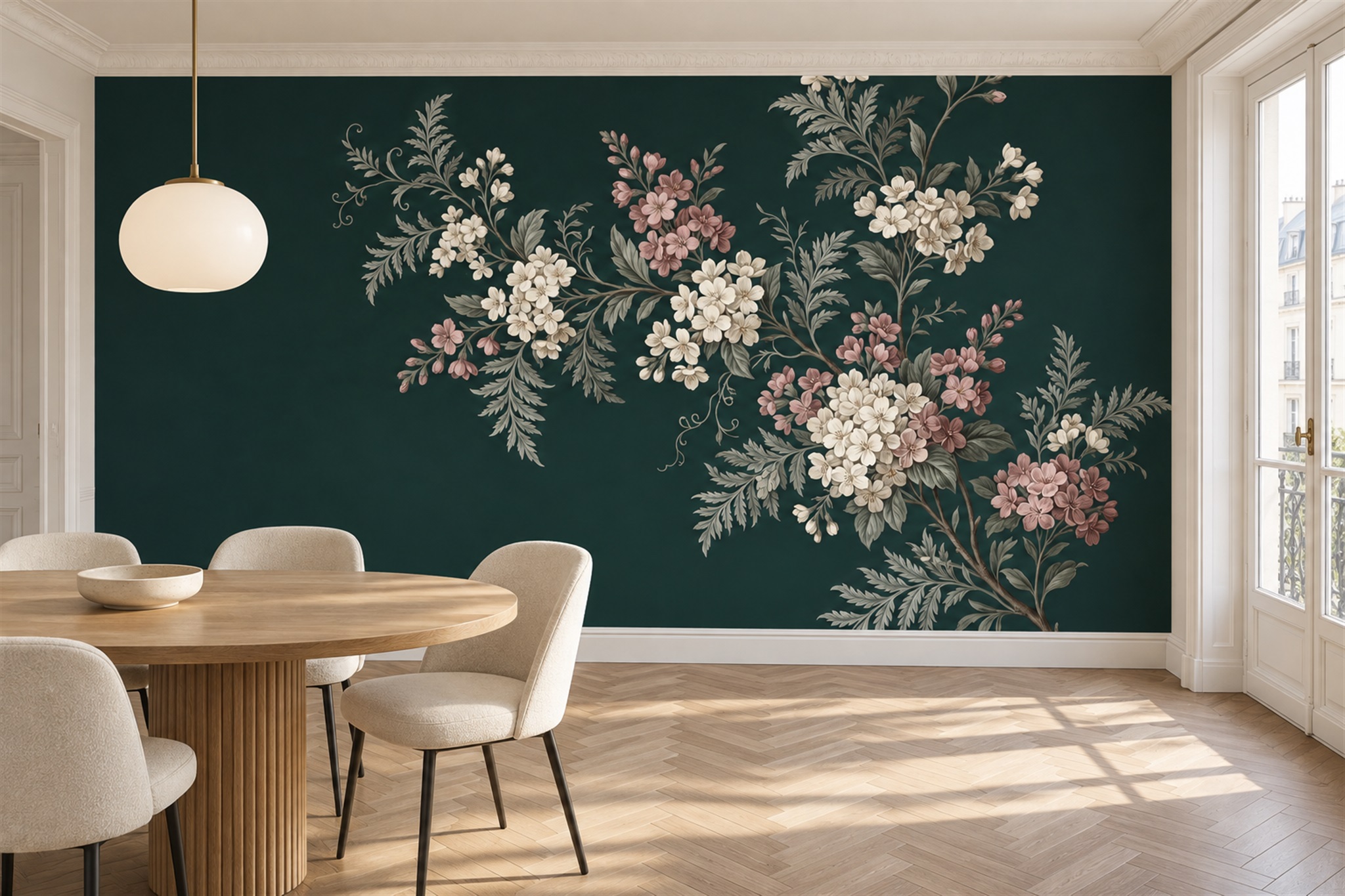 Green Bouquet Botanical Wallpaper Mural Dining-room-wallpaper-murals, Shown In A Dining Room, Peel-and-stick Finish