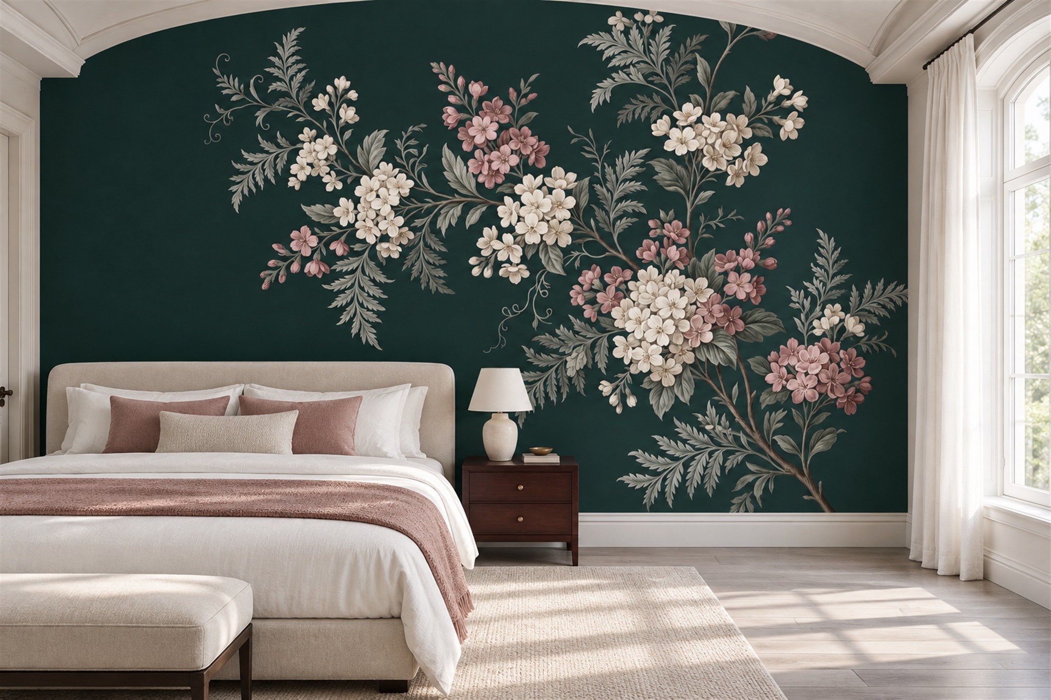 Green Bouquet Botanical Wallpaper Mural Bedroom-wallpaper-murals, Peel-and-stick Finish