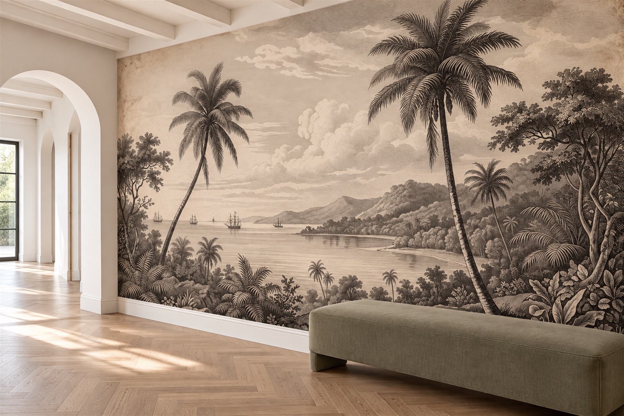 Sepia Palm Artful Wallpaper Mural Hallway-wallpaper-murals, Peel-and-stick Finish