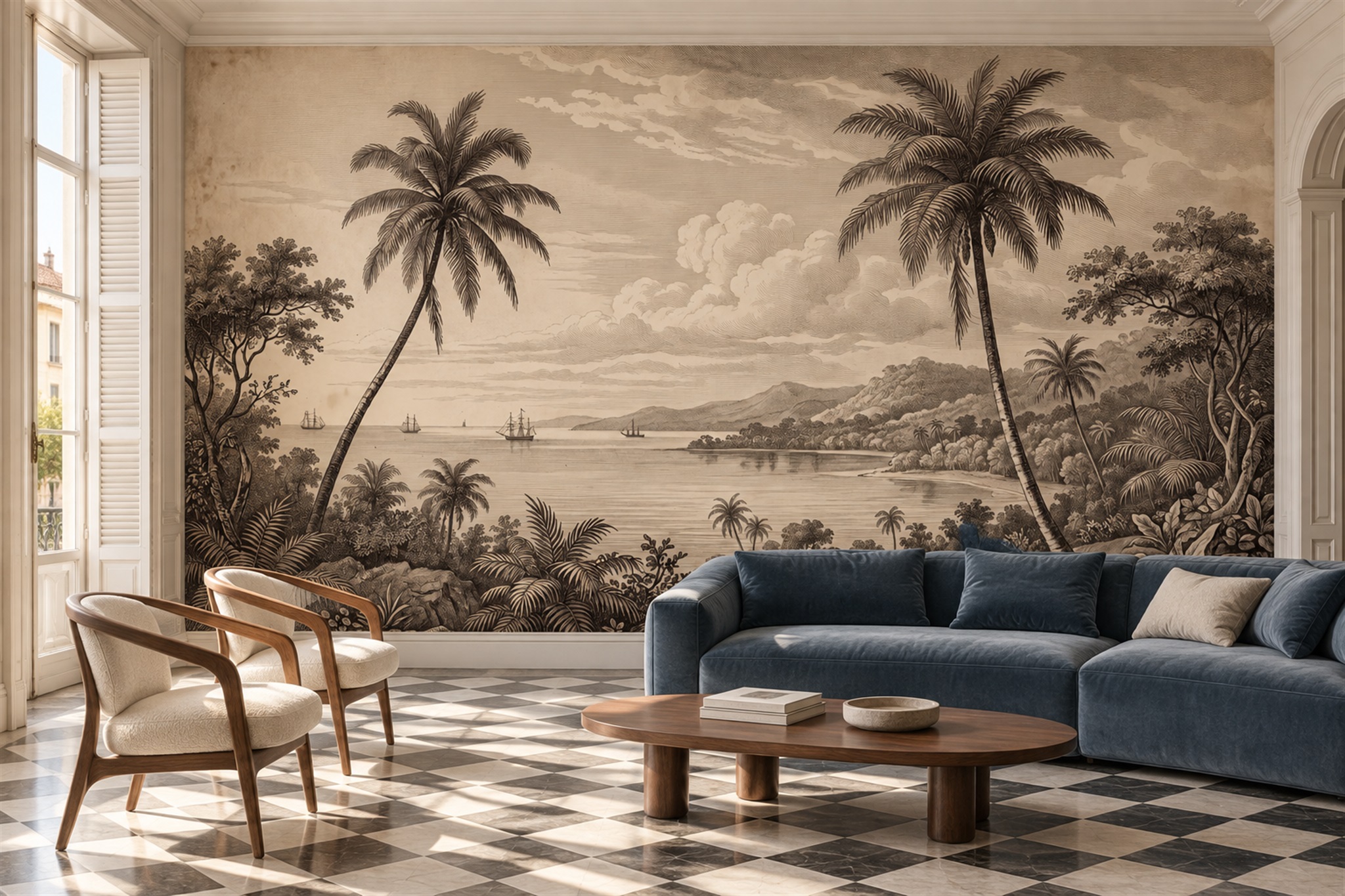 Sepia Palm Artful Wallpaper Mural Living-room-wallpaper-murals, Shown In A Living Room, Peel-and-stick Finish