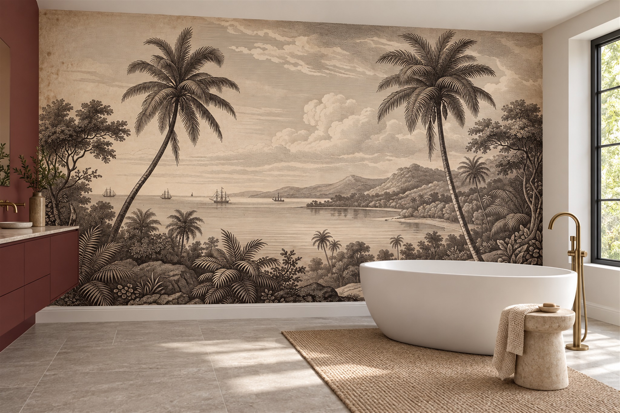 Sepia Palm Artful Wallpaper Mural Bathroom-wallpaper-murals, Peel-and-stick Finish