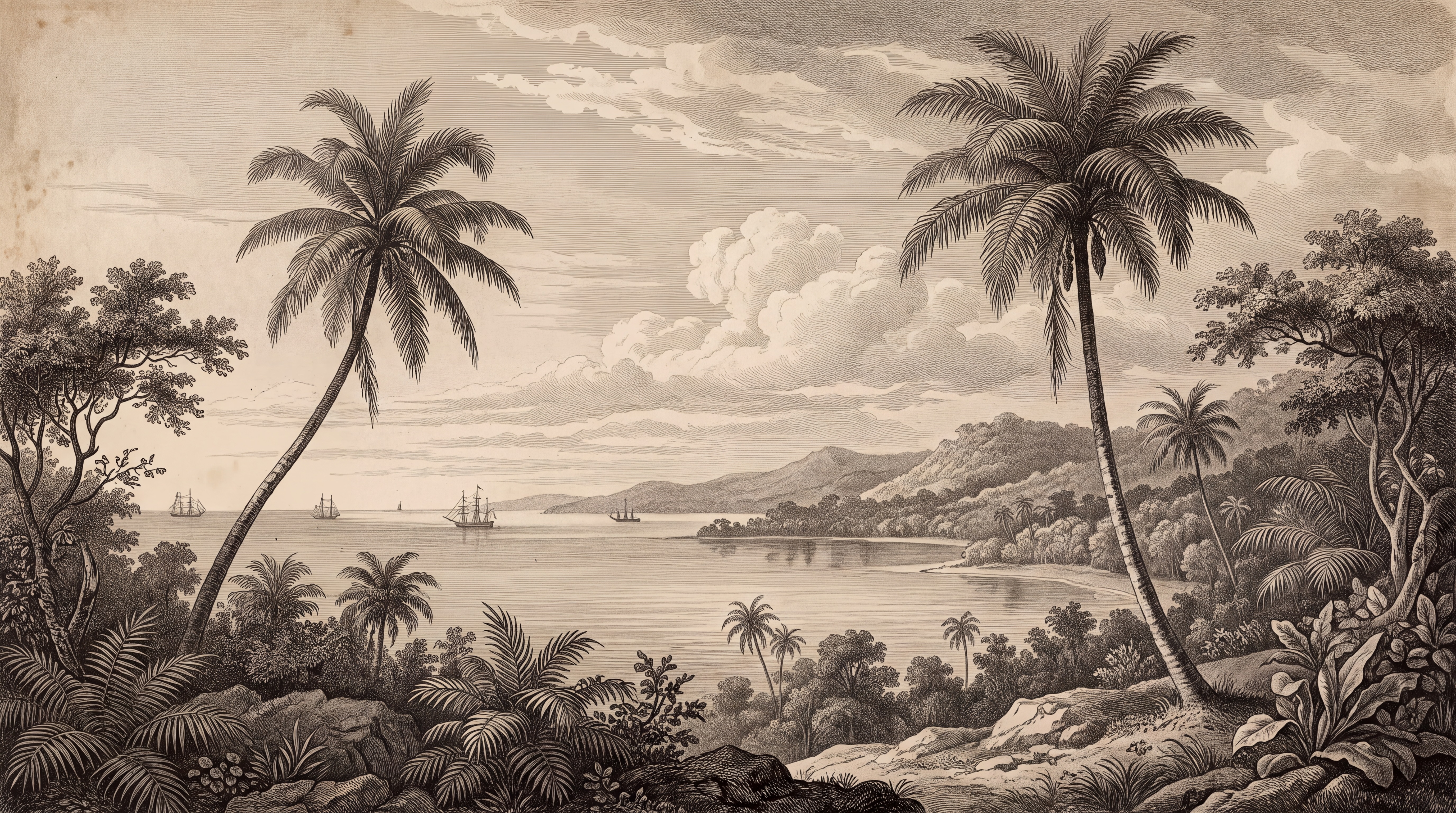 Sepia Palm Artful Wallpaper Mural Hallway-wallpaper-murals, Peel-and-stick Finish