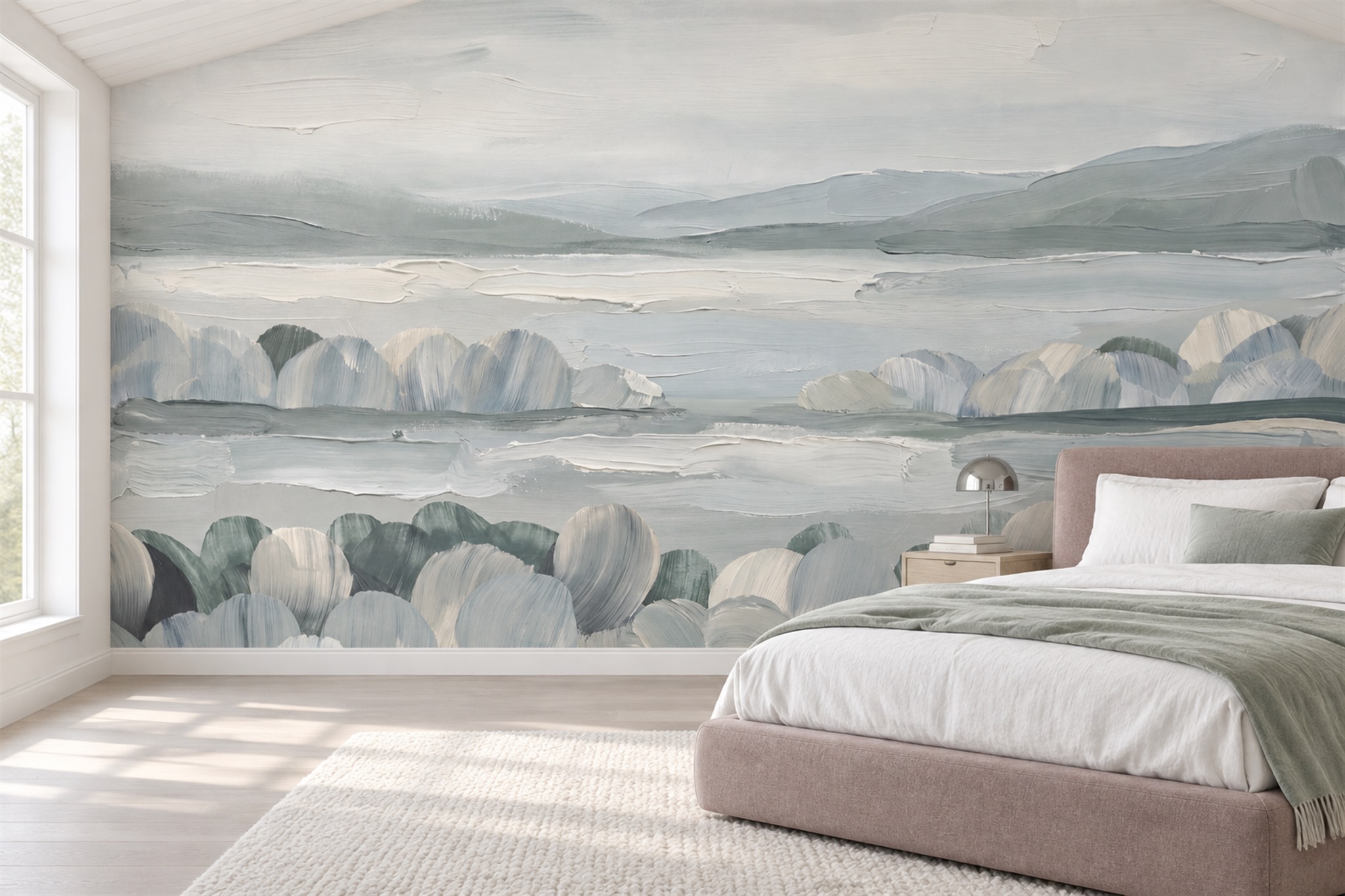 Sage Lake Scenic Wallpaper Mural Bedroom-wallpaper-murals, Peel-and-stick Finish