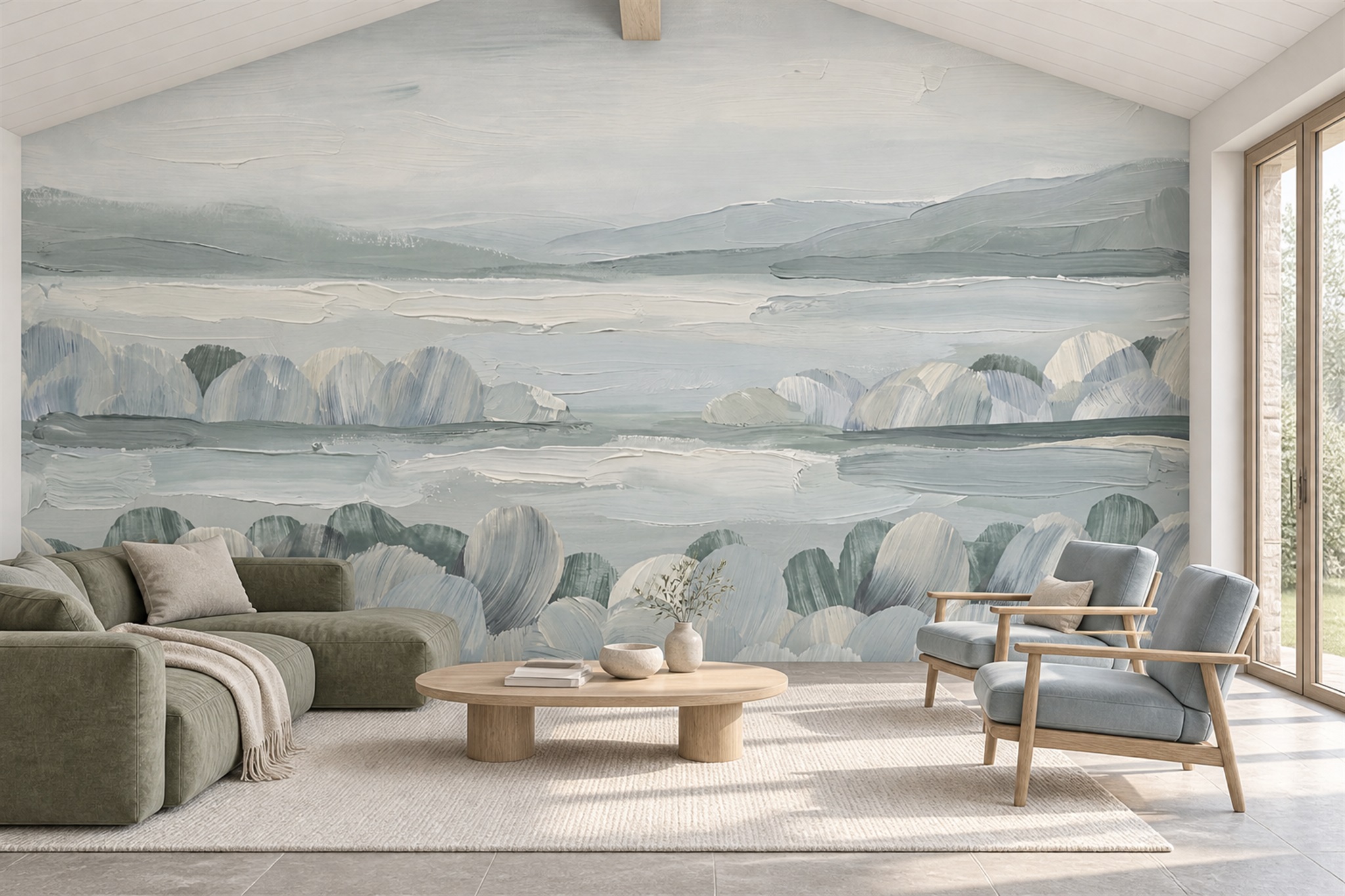 Sage And Grey Textured Painterly Landscape Wallpaper Mural — Wallpaper Mural Design, Peel-and-stick Finish