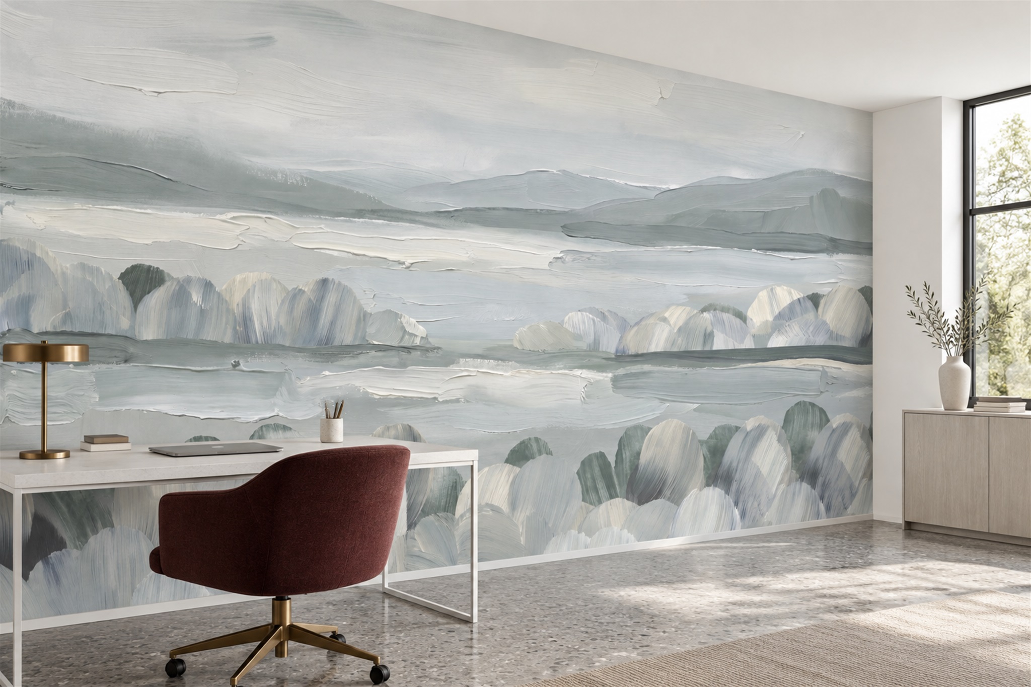 Sage Lake Scenic Wallpaper Mural Accent-wall-wallpaper-murals, Peel-and-stick Finish
