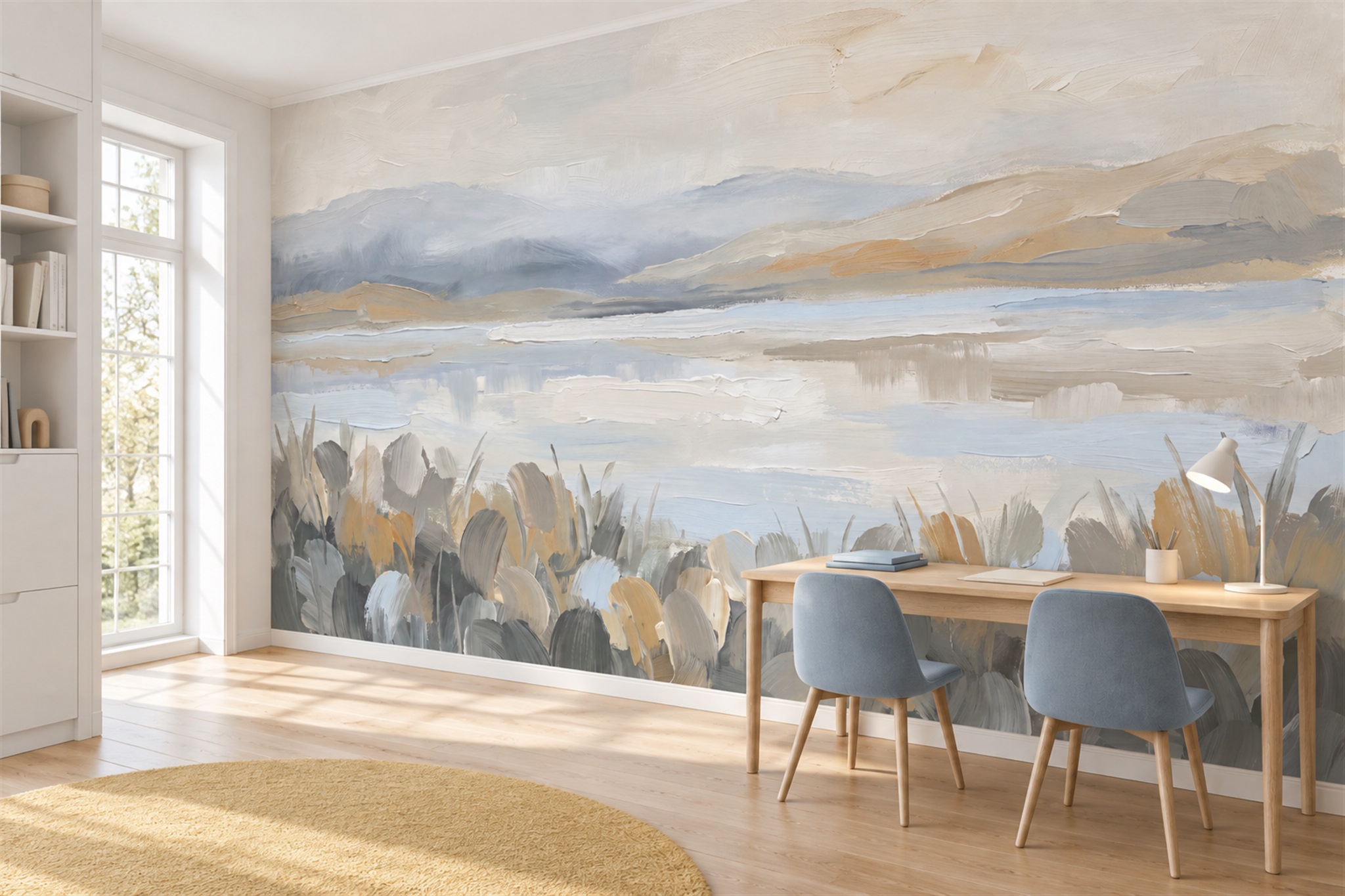 Blue Landscape Scenic Wallpaper Mural Office-wallpaper-murals, Shown In A Home Office, Peel-and-stick Finish