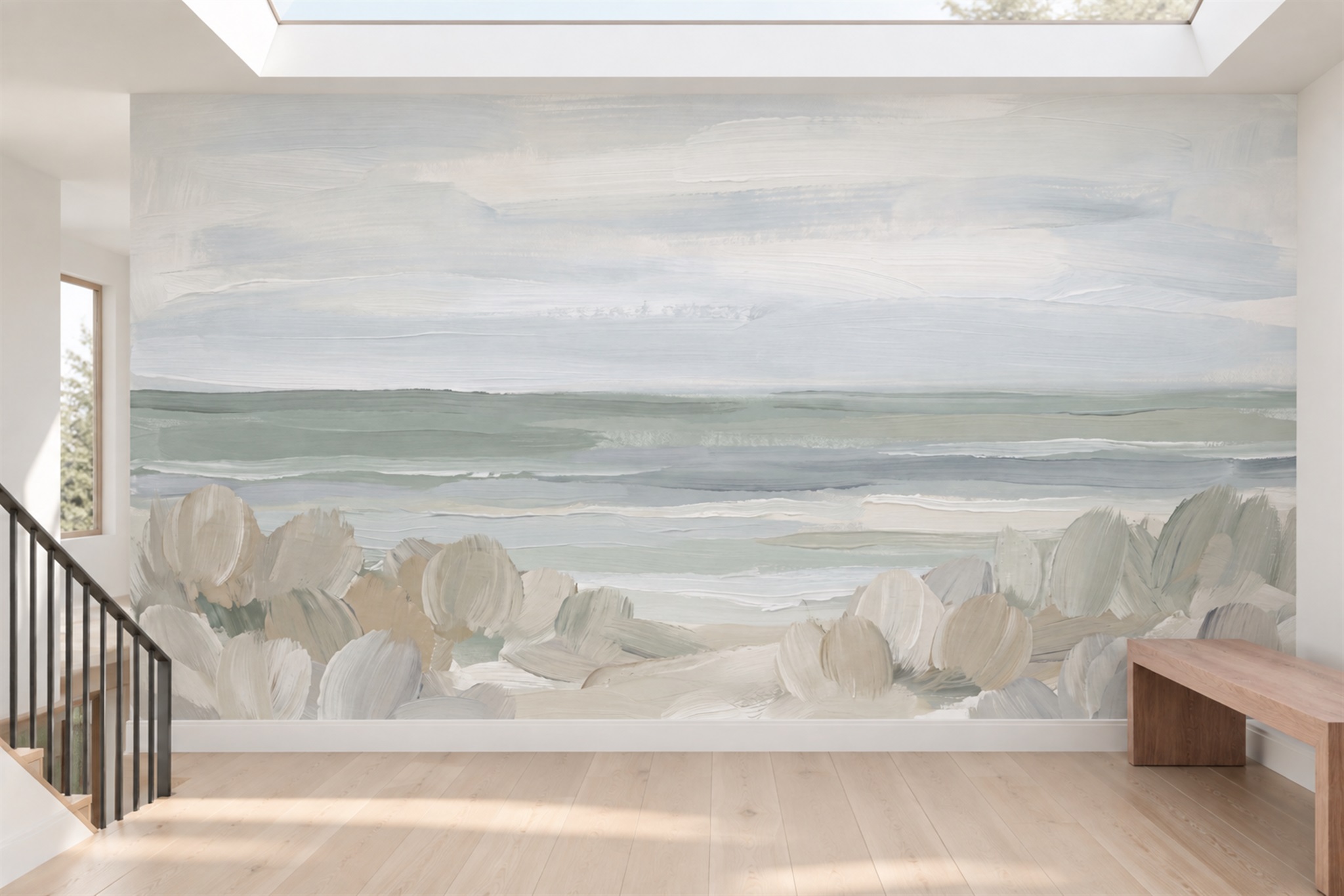 Sage Coastal Scenic Wallpaper Mural Accent-wall-wallpaper-murals, Peel-and-stick Finish