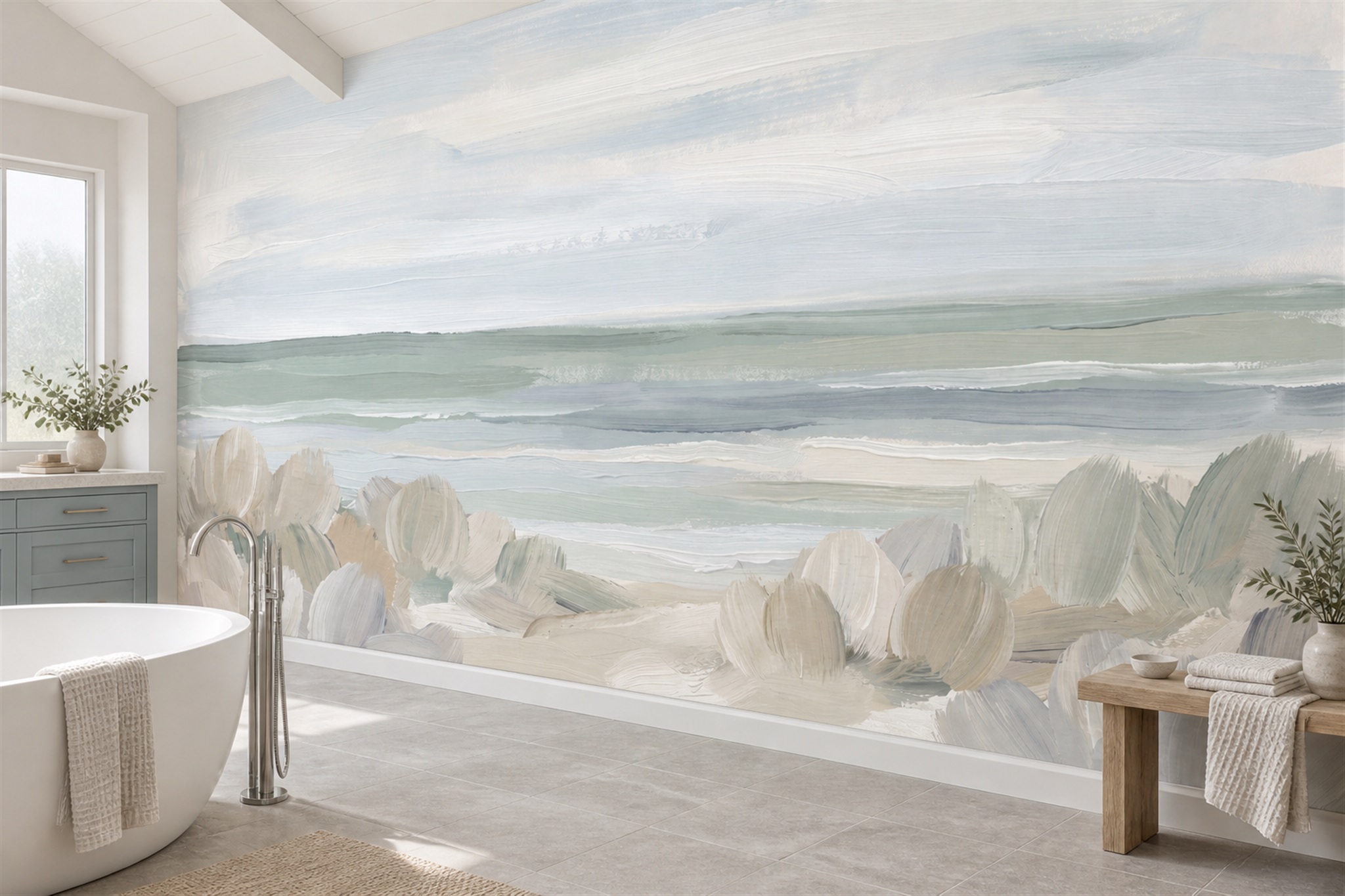 Sage Coastal Wash With Brushed Shoreline Wallpaper Mural — Wallpaper Mural Design, Peel-and-stick Finish