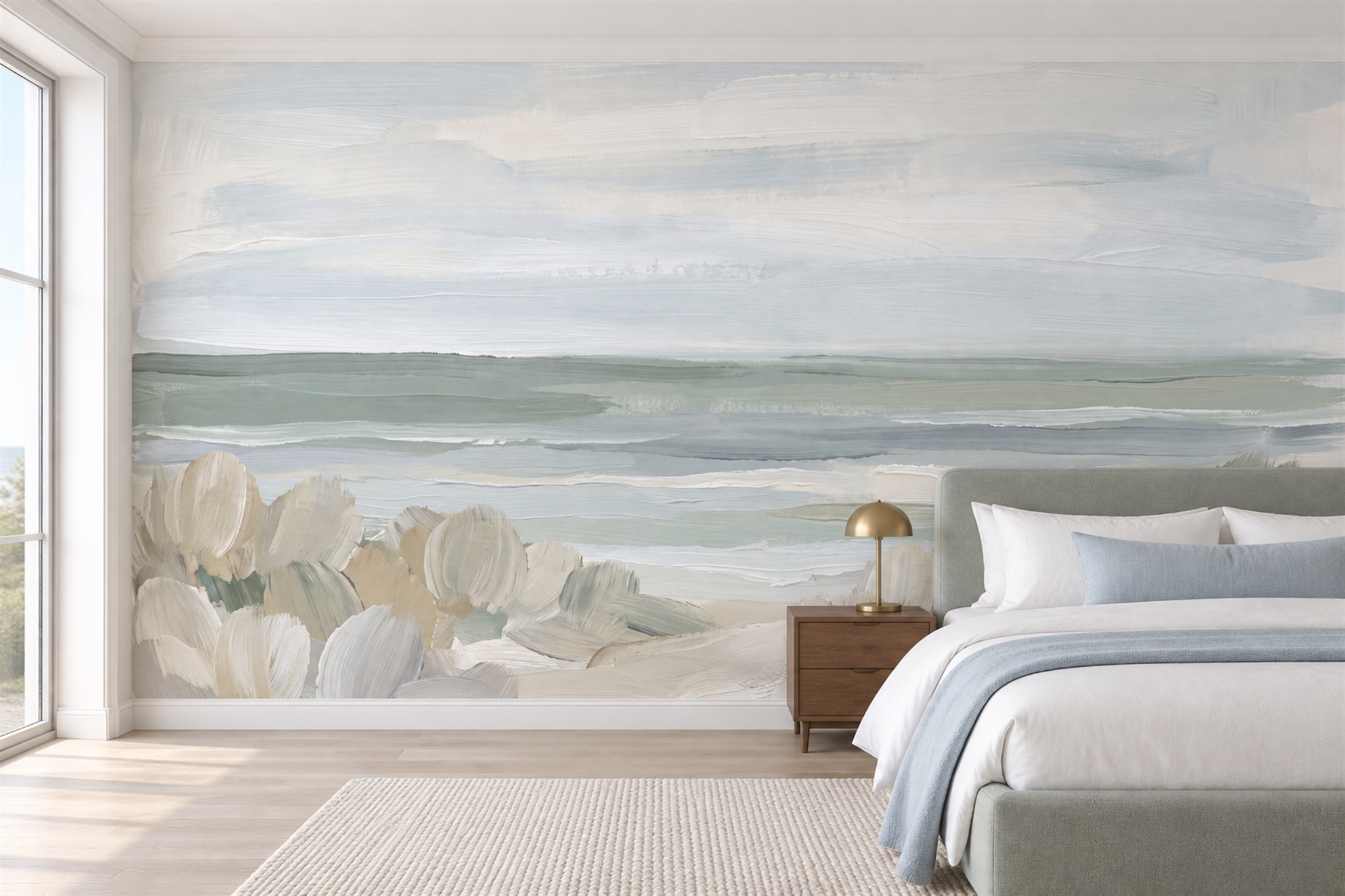 Sage Coastal Scenic Wallpaper Mural Bathroom-wallpaper-murals, Peel-and-stick Finish