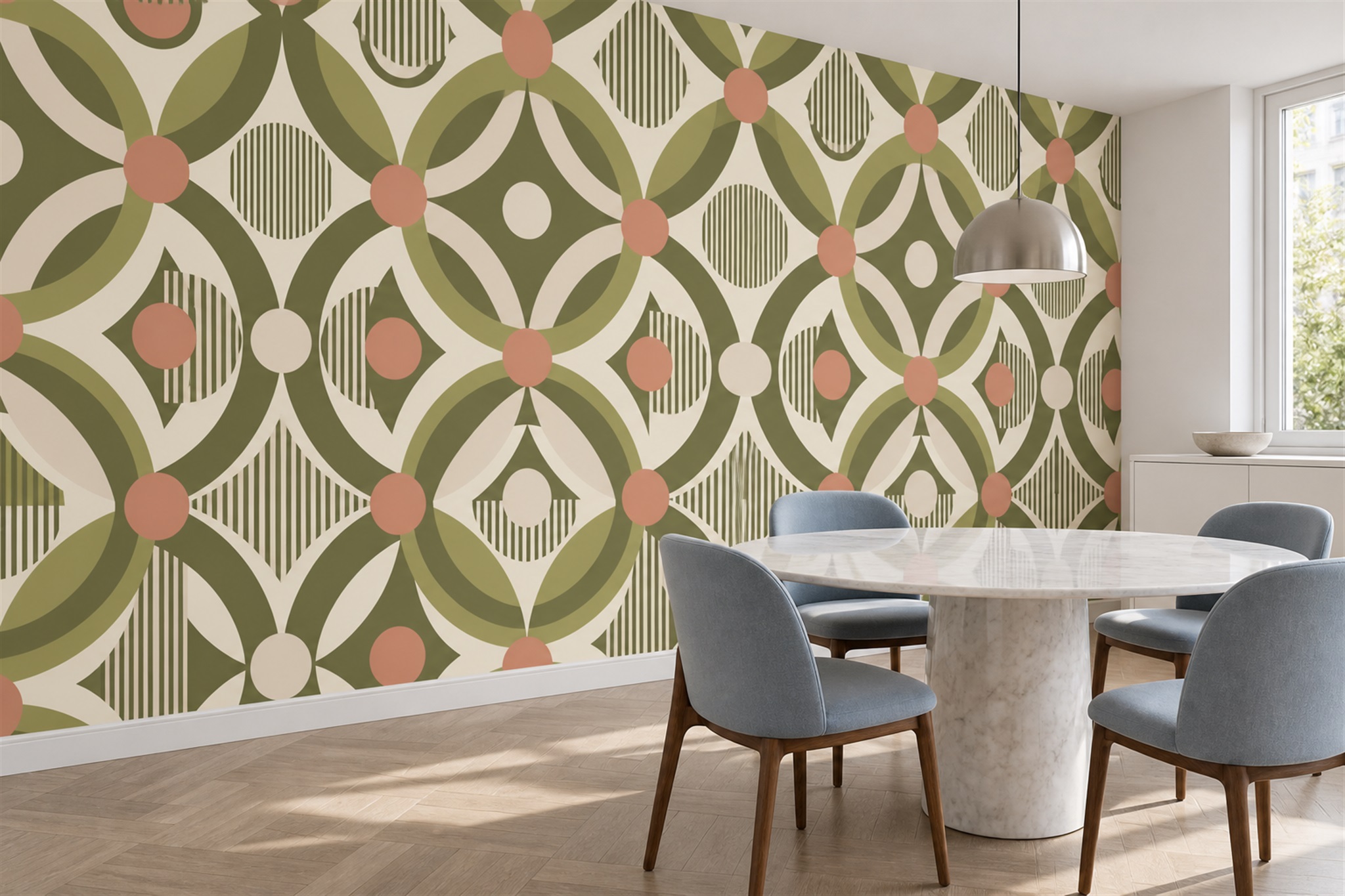 Olive Circular Abstract Wallpaper Mural Dining-room-wallpaper-murals, Shown In A Dining Room, Peel-and-stick Finish