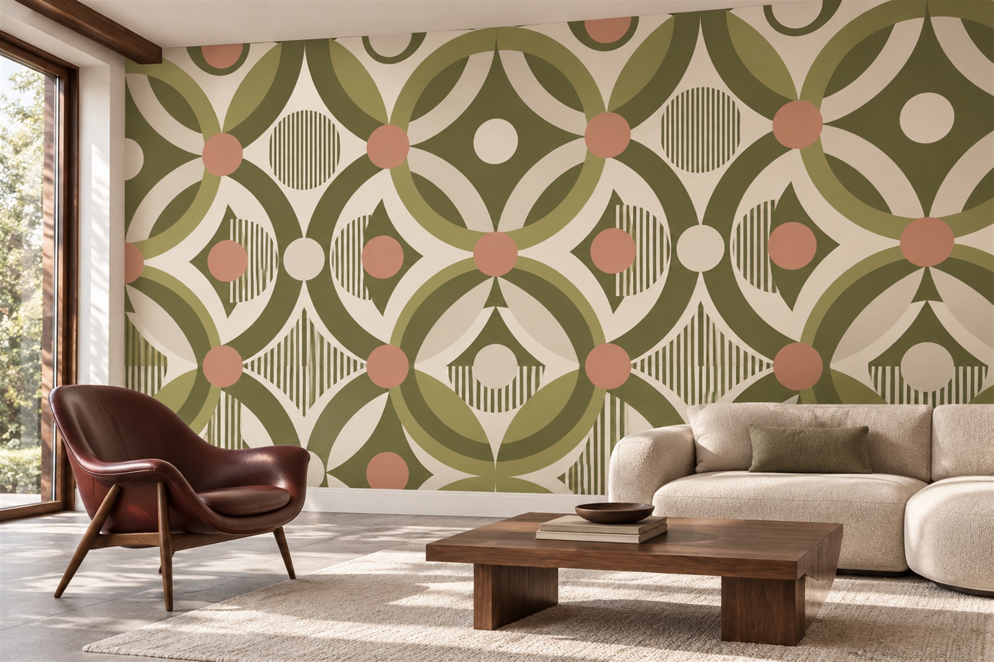 Olive Interlocking Circles Geometric Wallpaper Mural — Wallpaper Mural Design, Peel-and-stick Finish