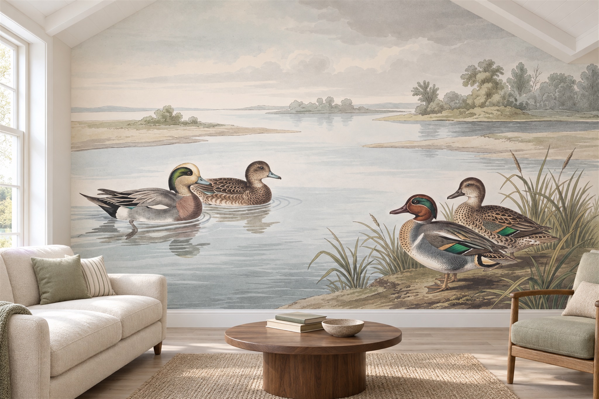 Ducks On A Quiet Watercolour Shoreline Wallpaper Mural — Wallpaper Mural Design, Peel-and-stick Finish