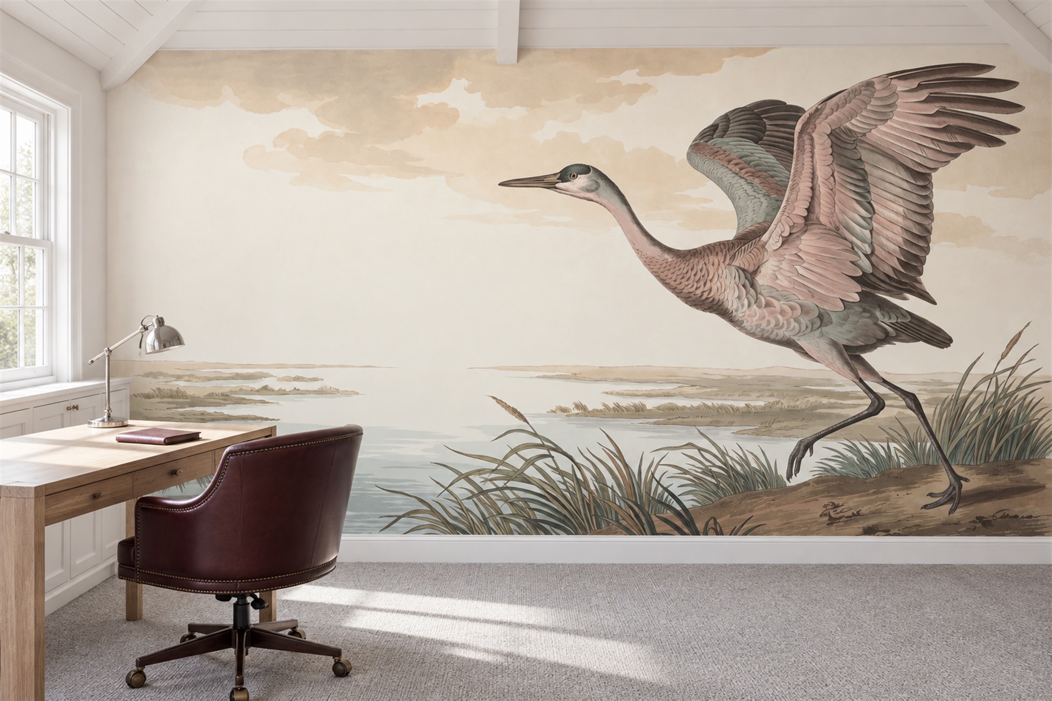 Tan Crane Illustrated Wallpaper Mural Office-wallpaper-murals, Shown In A Home Office, Peel-and-stick Finish
