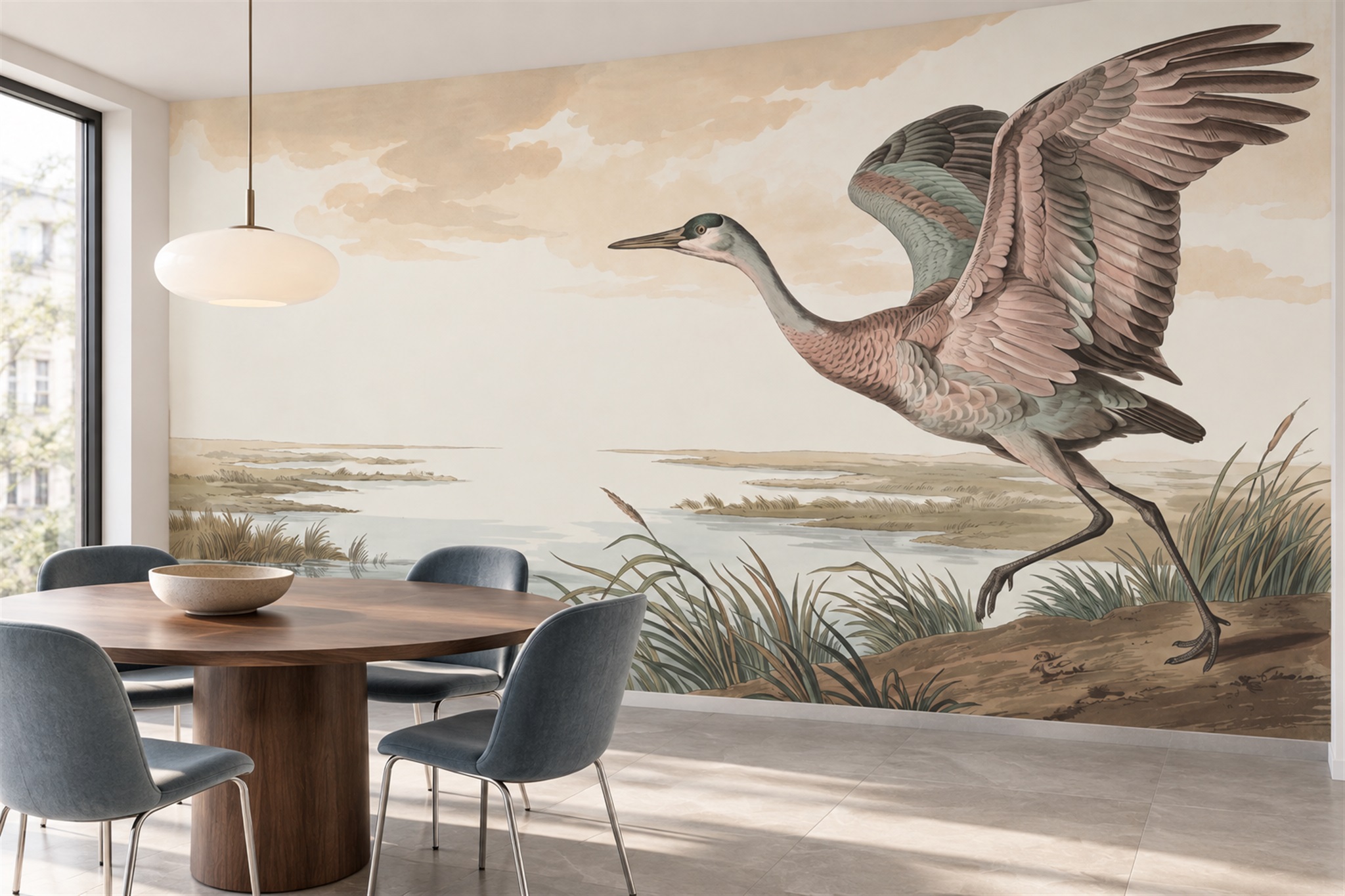 Tan Crane Illustrated Wallpaper Mural Bedroom-wallpaper-murals, Peel-and-stick Finish