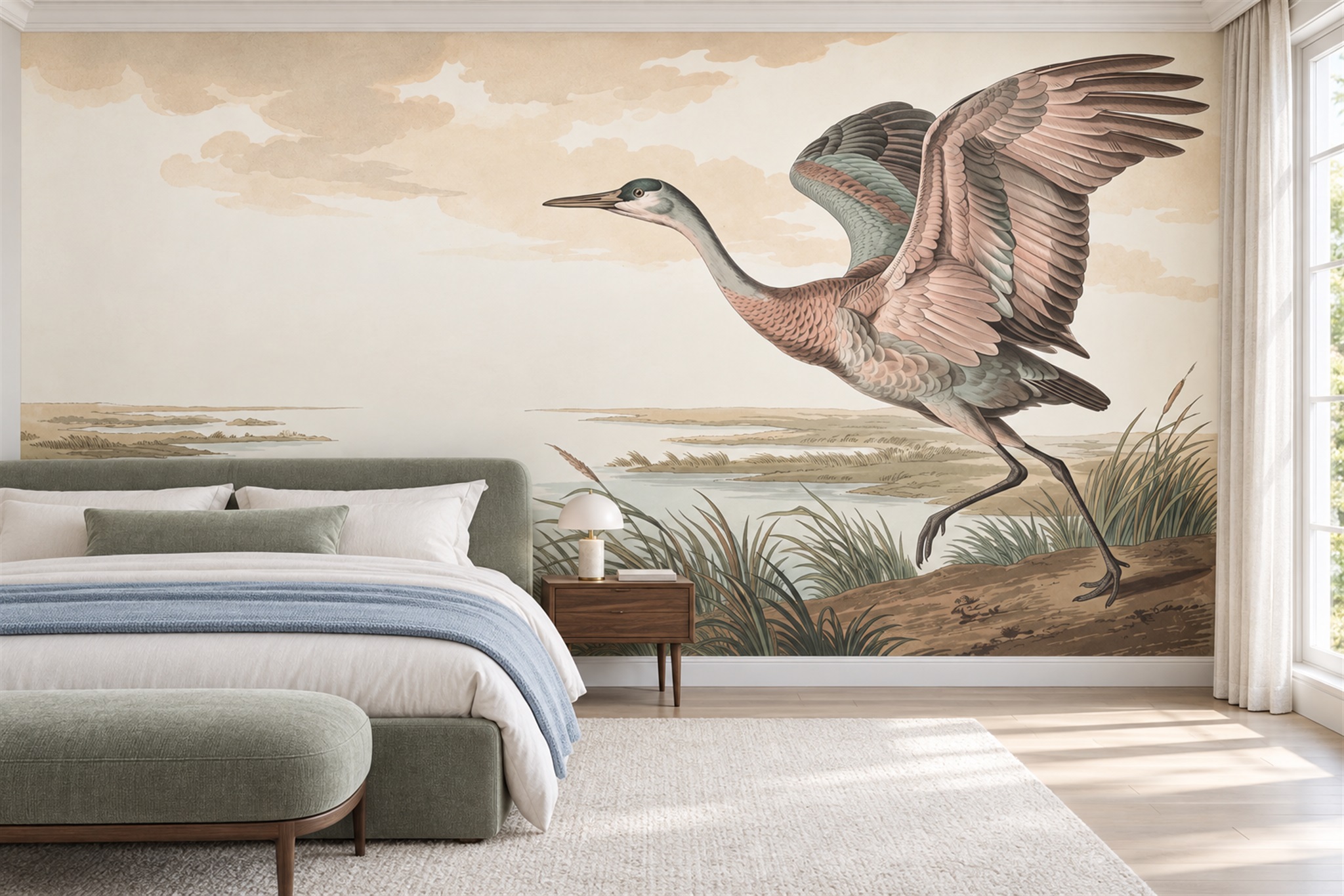 Flying Heron Over A Pale Marsh Wallpaper Mural — Installed Wallpaper Mural In A Bedroom, Peel-and-stick Finish