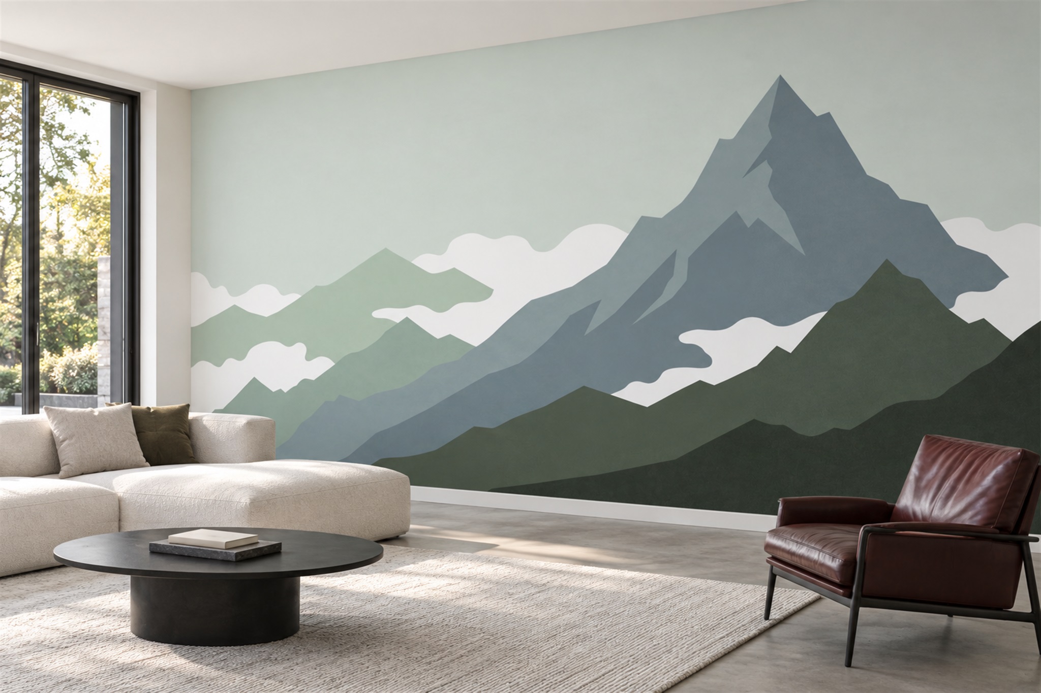 Sage Pattern Decorative Layered Wallpaper Mural Living-room-wallpaper-murals, Shown In A Living Room, Peel-and-stick Finish