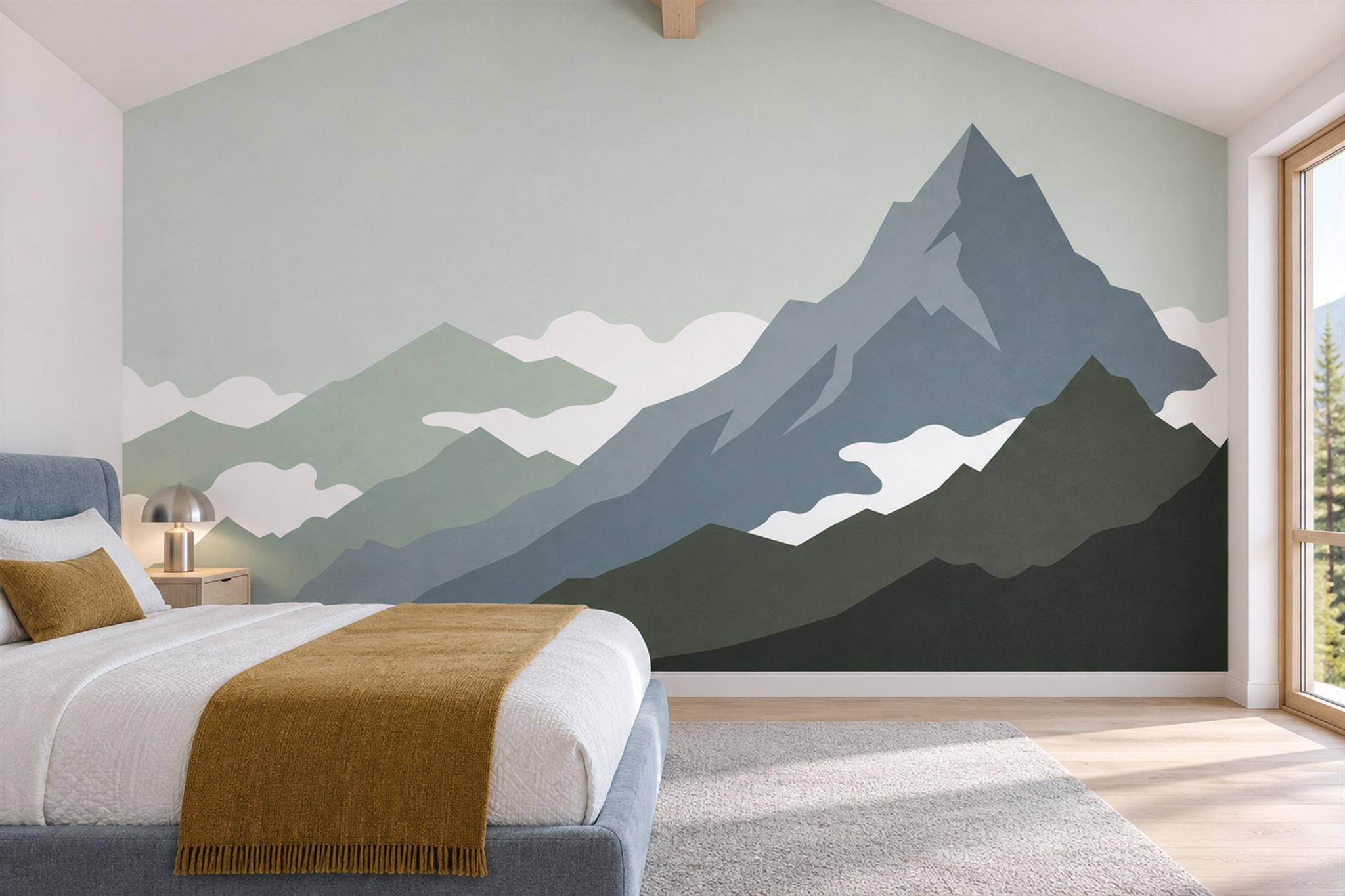 Simplified sage and blue-grey mountain mural in a light timber bedroom