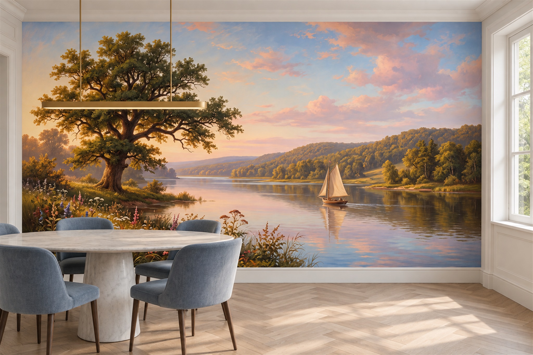 Gold Pattern Decorative Organic Wallpaper Mural Dining-room-wallpaper-murals, Shown In A Dining Room, Peel-and-stick Finish