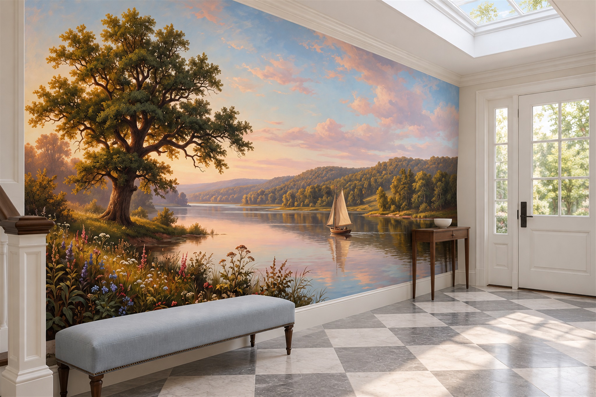 Sailboat On A Sunset River Beneath An Oak Tree Wallpaper Mural — Installed Wallpaper Mural In A Entryway, Peel-and-stick Finish
