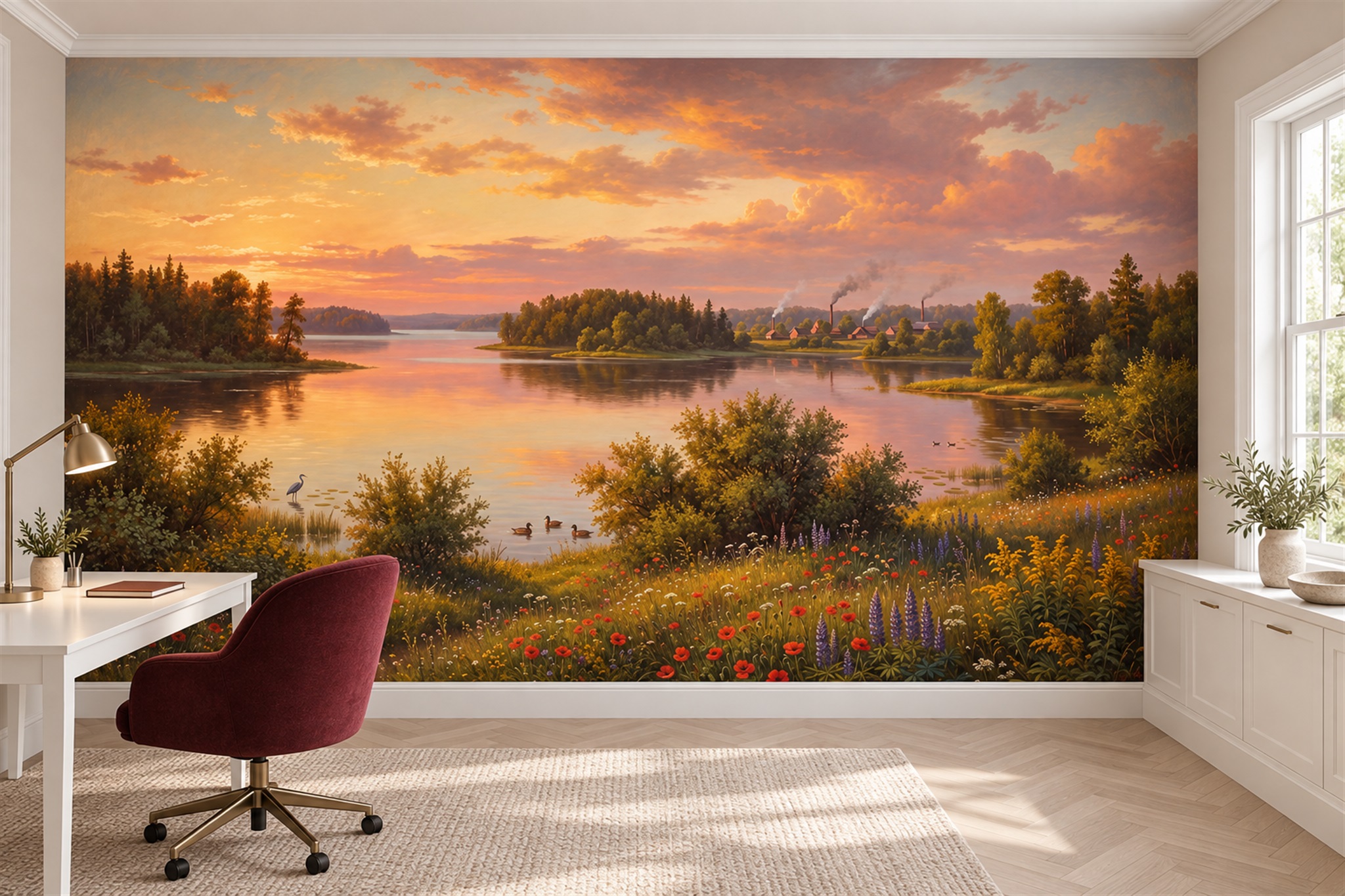 Orange Lake Scenic Wallpaper Mural Office-wallpaper-murals, Shown In A Home Office, Peel-and-stick Finish