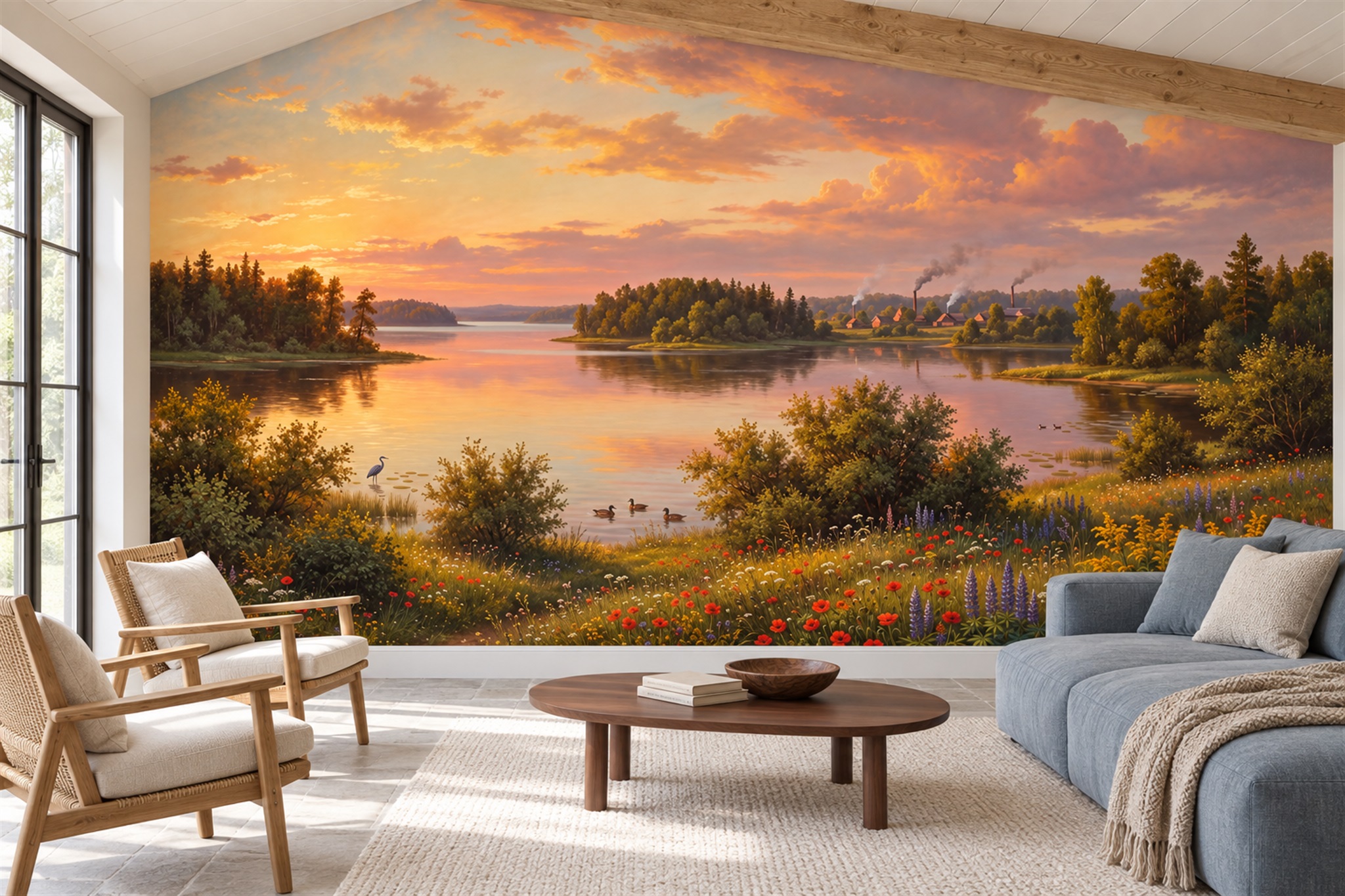 Orange Lake Scenic Wallpaper Mural Feature-wall-wallpaper-murals, Peel-and-stick Finish