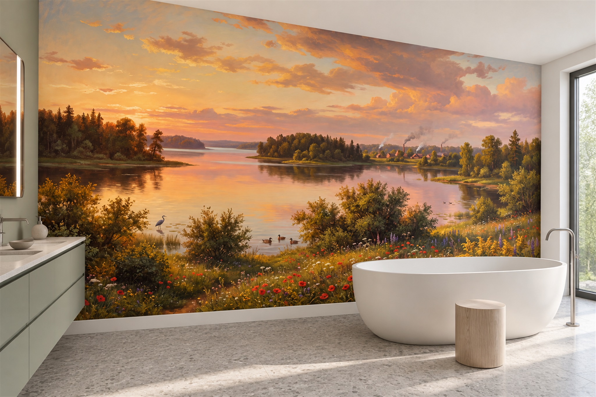 Orange Lake Scenic Wallpaper Mural Feature-wall-wallpaper-murals, Peel-and-stick Finish
