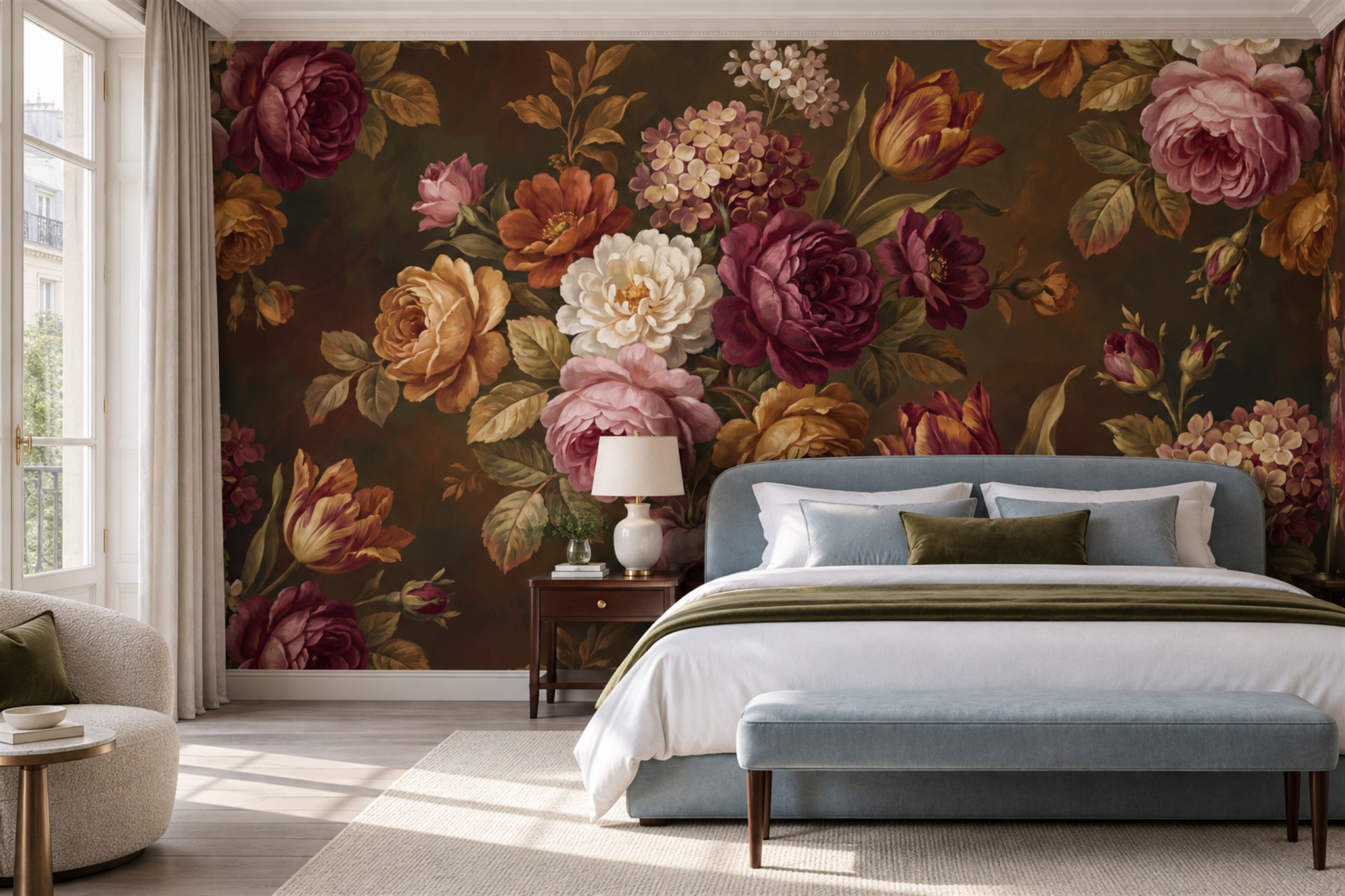 Neutral Rose Botanical Wallpaper Mural Bedroom-wallpaper-murals, Peel-and-stick Finish