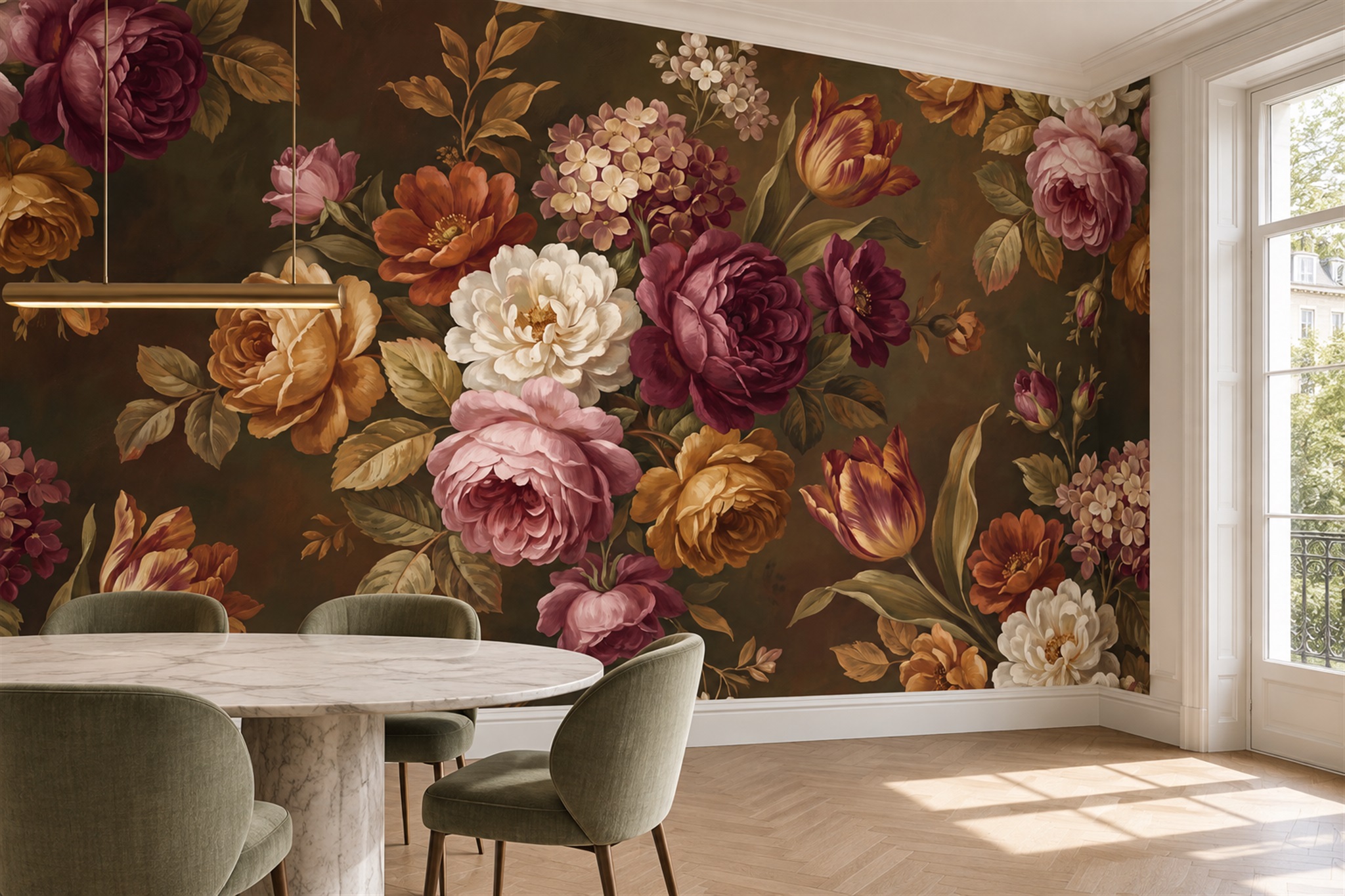 Neutral Rose Botanical Wallpaper Mural Dining-room-wallpaper-murals, Peel-and-stick Finish