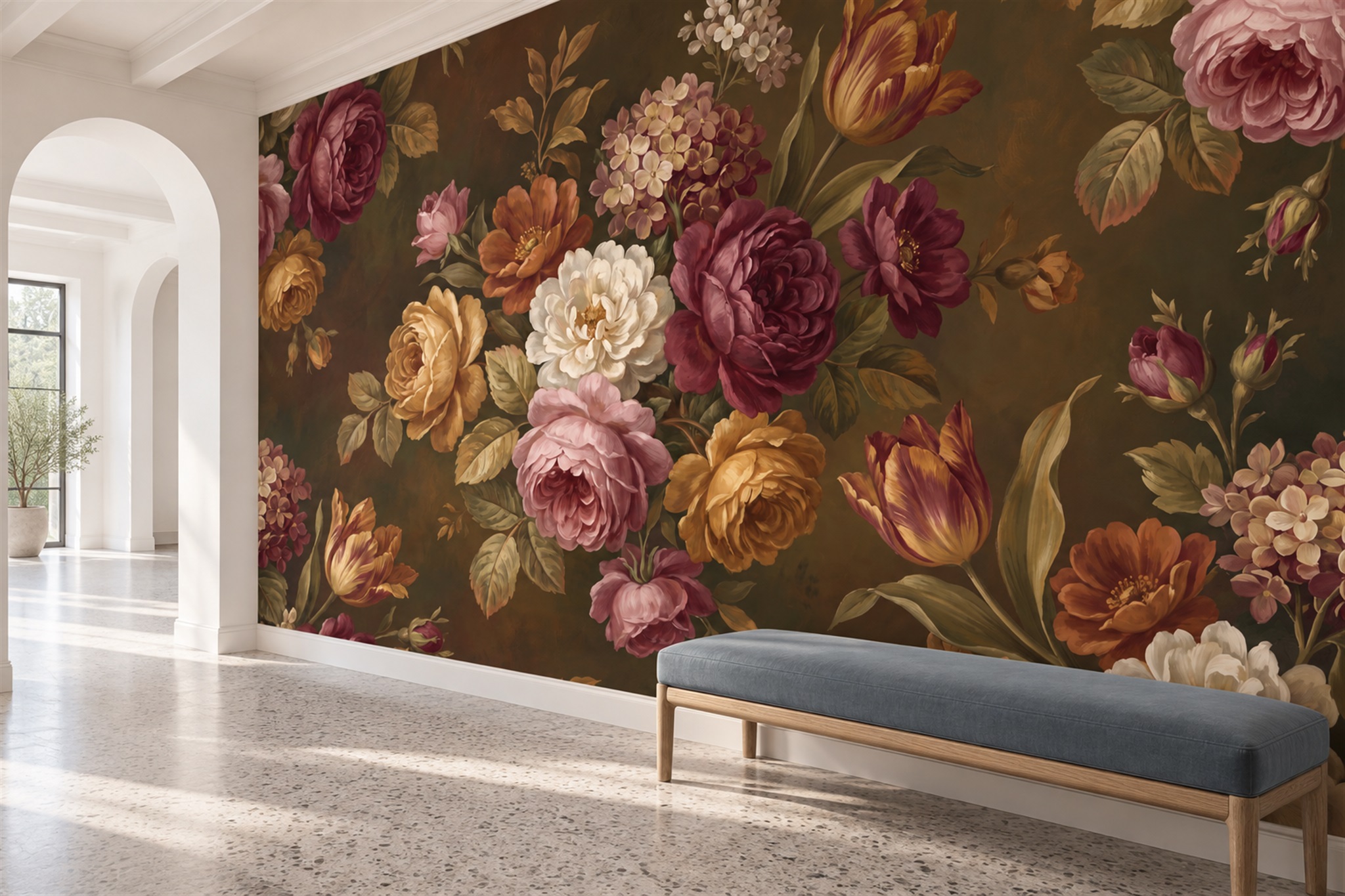 Neutral Rose Botanical Wallpaper Mural Dining-room-wallpaper-murals, Peel-and-stick Finish