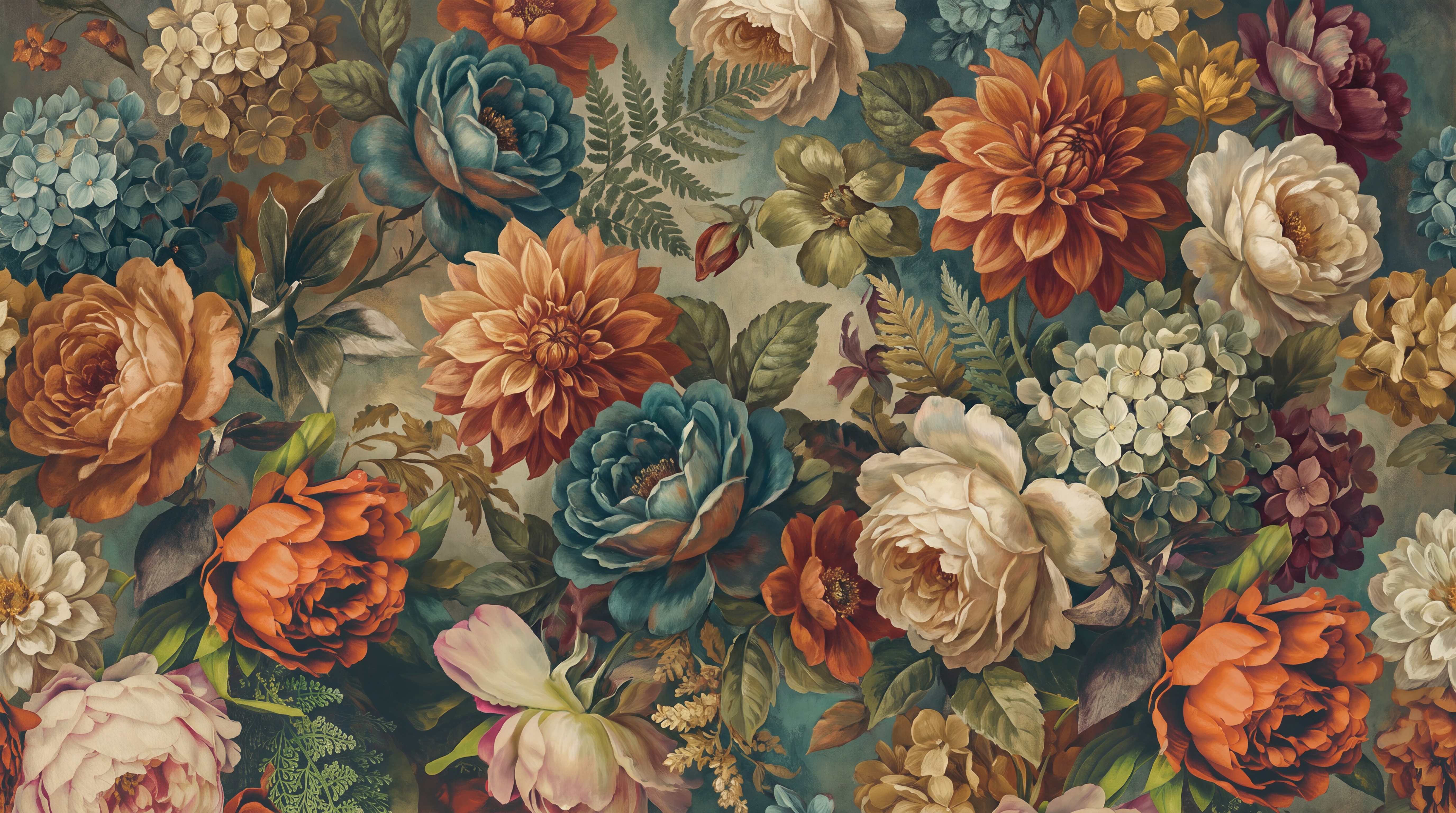 Teal Bouquet Botanical Vintage Wallpaper Mural, Peel-and-stick Finish