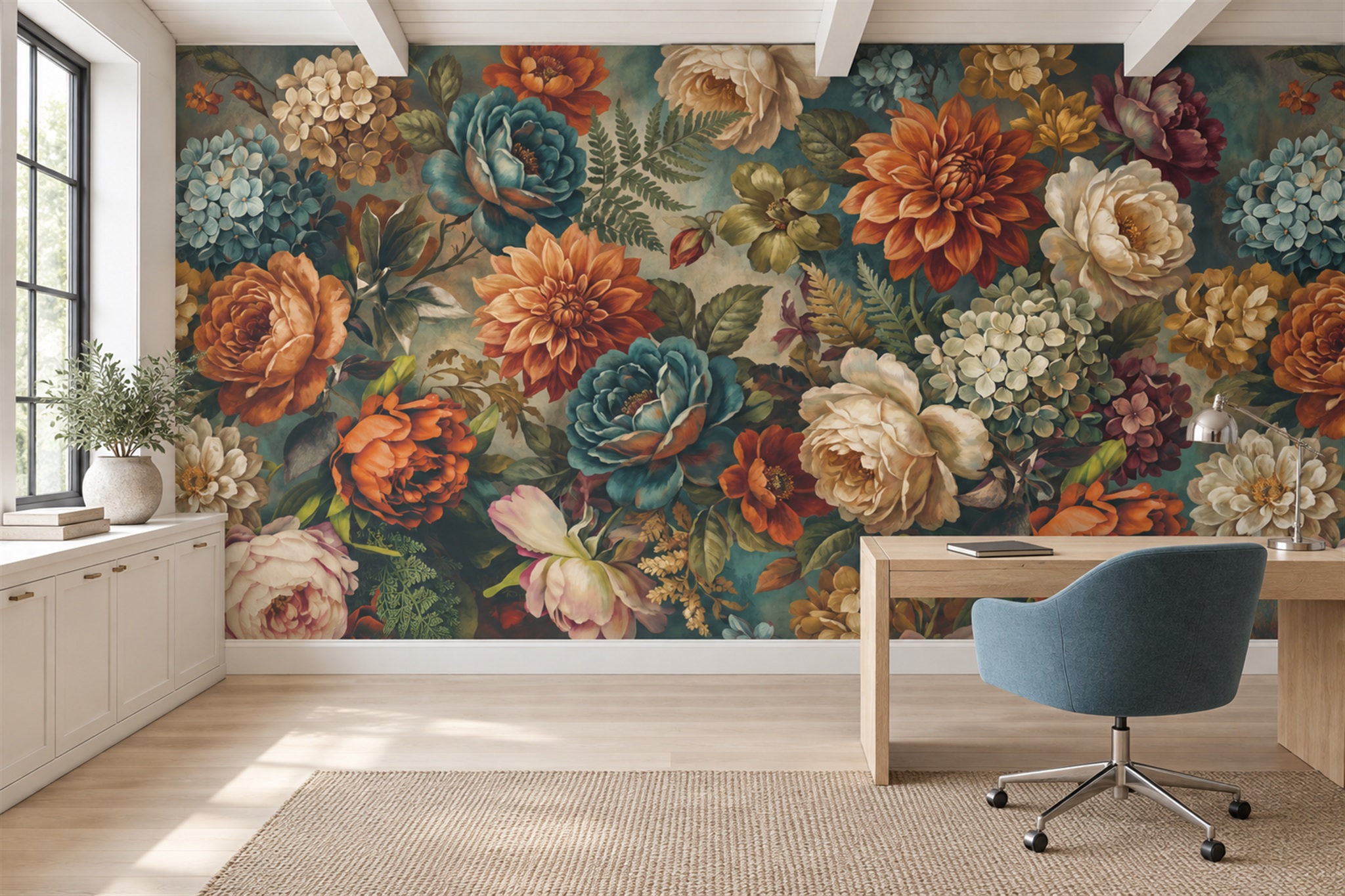 Teal Bouquet Botanical Vintage Wallpaper Mural Office-wallpaper-murals, Shown In A Home Office, Peel-and-stick Finish