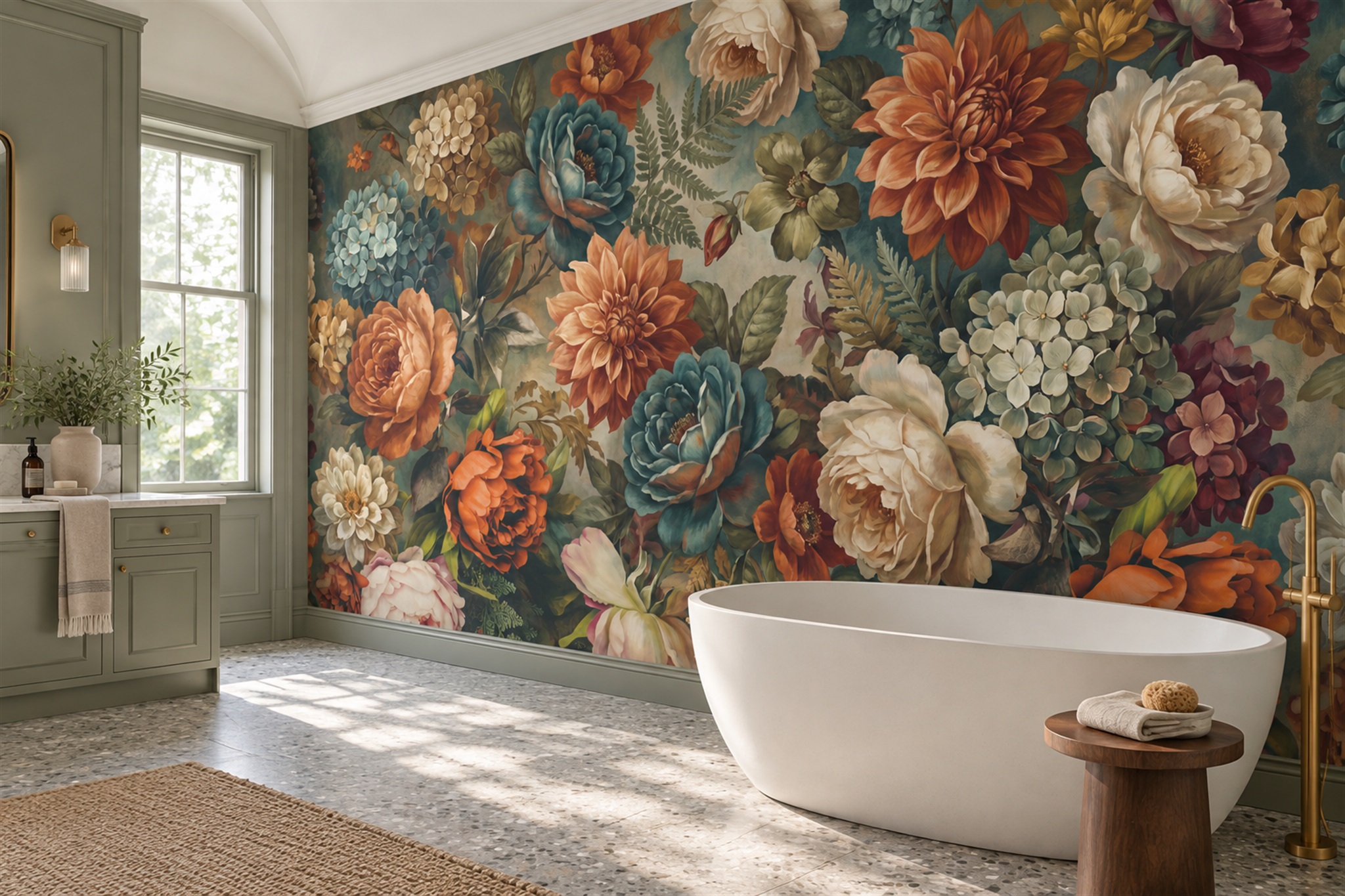 Teal Bouquet Botanical Vintage Wallpaper Mural Bathroom-wallpaper-murals, Peel-and-stick Finish